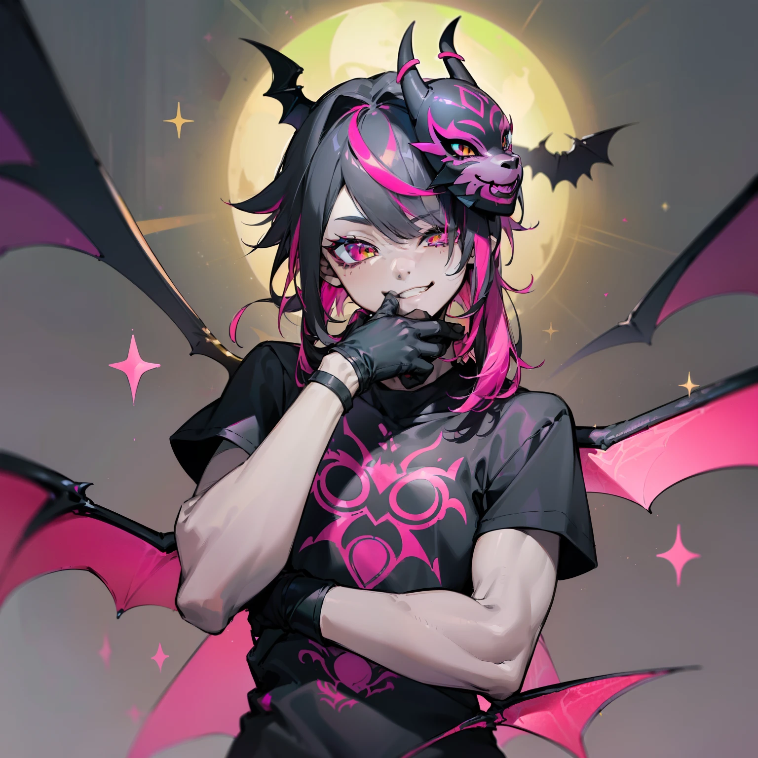 (masterpiece, best quality:1.2),solo, ((1boy:1.5)), ((lilia vanrouge as a Digimon)), full body ,Mischievous smile, looking at viewer, multicolored hair, black hair, streaked pink hair,((Anthro Bat)),(( fairy)), ((Demonic)), ((Pink and Black Body))digimon\(creature\),(( mask covering Eyes)) gloves, black shirt
wings, sparkling clothing, ((Grey skin))