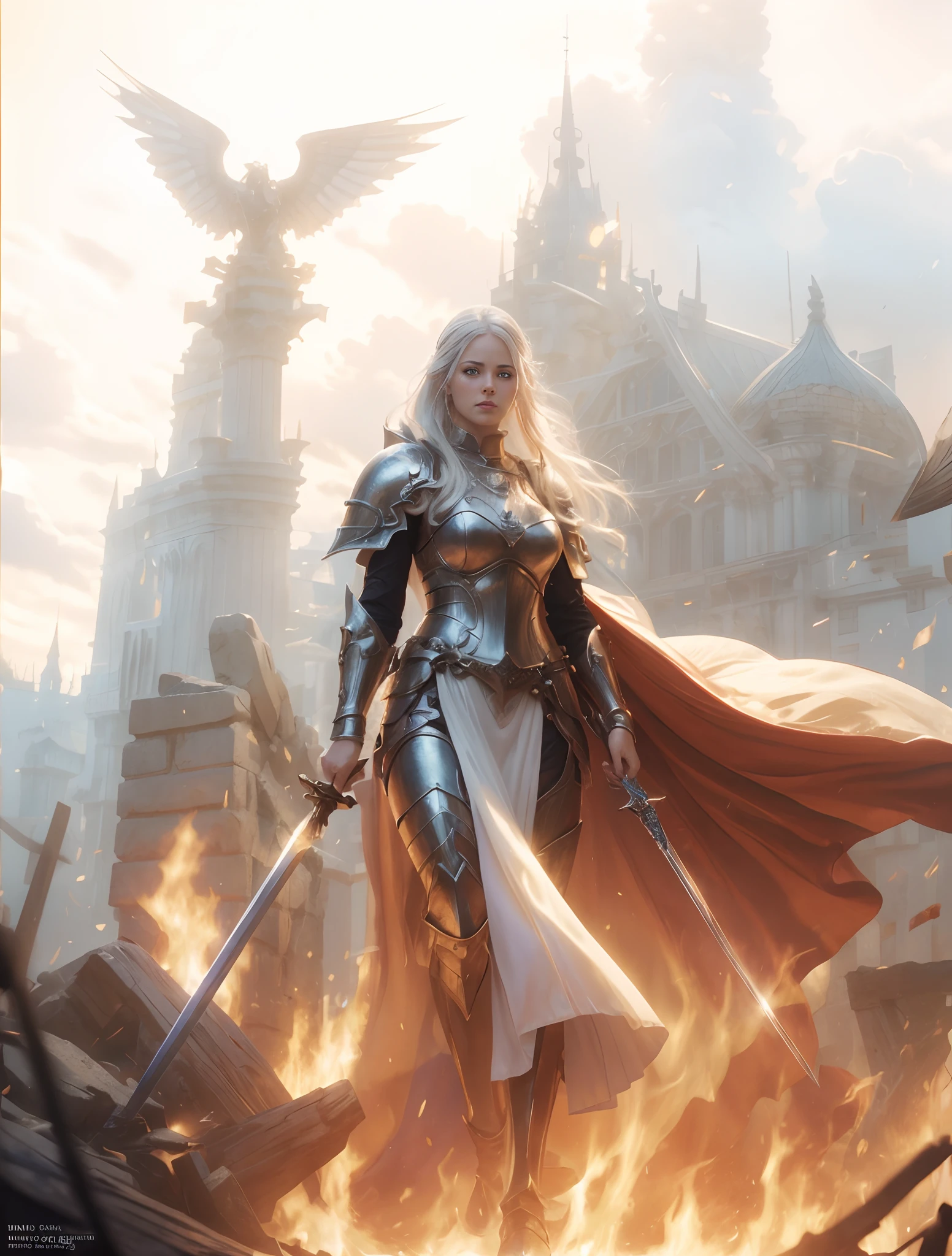 a woman with a sword in her left hand and a sword in her right hand walking through a fire, fantasy paladin woman, a beautiful silver white haired female knight, graphic artist magali villeneuve, gorgeous female paladin with a menacing intimidating face, high quality fantasy art, epic fantasy character art, (realistic, photo-realistic:1.37), (insanely detailed:1.3), 8k, (masterpiece), (best quality:1.4), (ultra high res:1.2), (RAW photo:1.2), professional lighting, cinematic realism