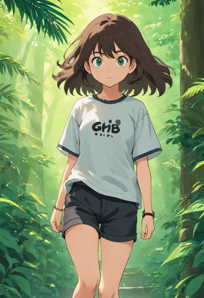Garota branca de com cabelo castanho escuro curto, olhos verdes, peito pequeno, nariz pequeno, wearing black shorts, black and white sneakers and a big t-shirt