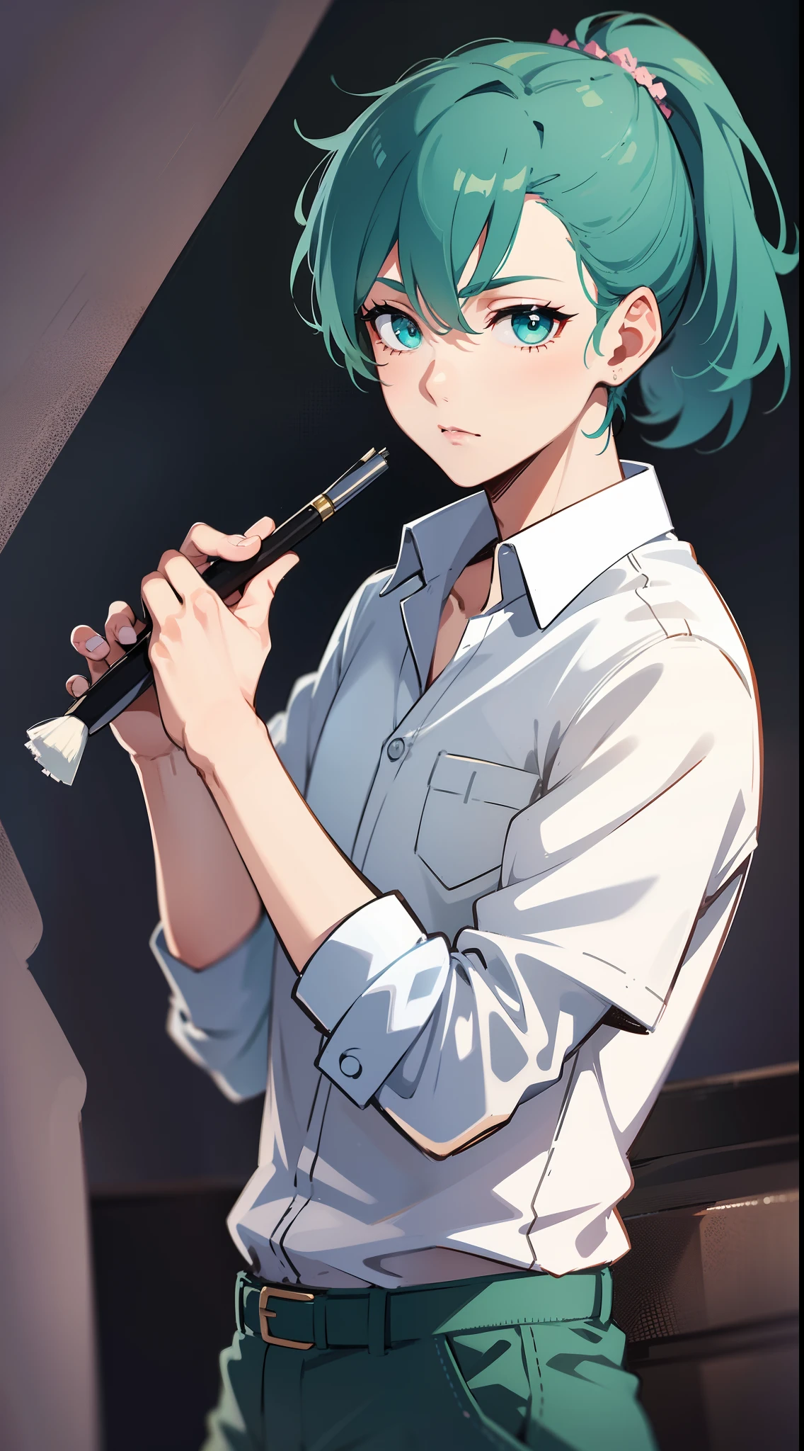 young boy, short turquoise hair, high ponytail, Green eyes, White beautiful shirt, pants, brushes, Masterpiece, hiquality, 4k, HD, Good detail