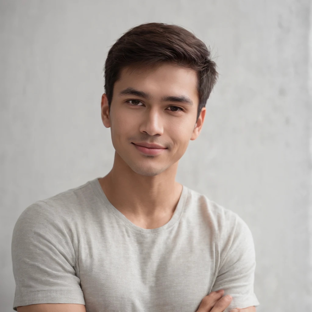 (photo: 1.3) af (realism: 1.3), (Hispanic), Latino man profile, (frontal close-up), soft light, clear face, happy, cheerful, warm light, white T-shirt, (off-white background), (blank background), ((gray wall background)) avatar, (short hair), smile, handsome, young,, short hair, smile, (close-up)