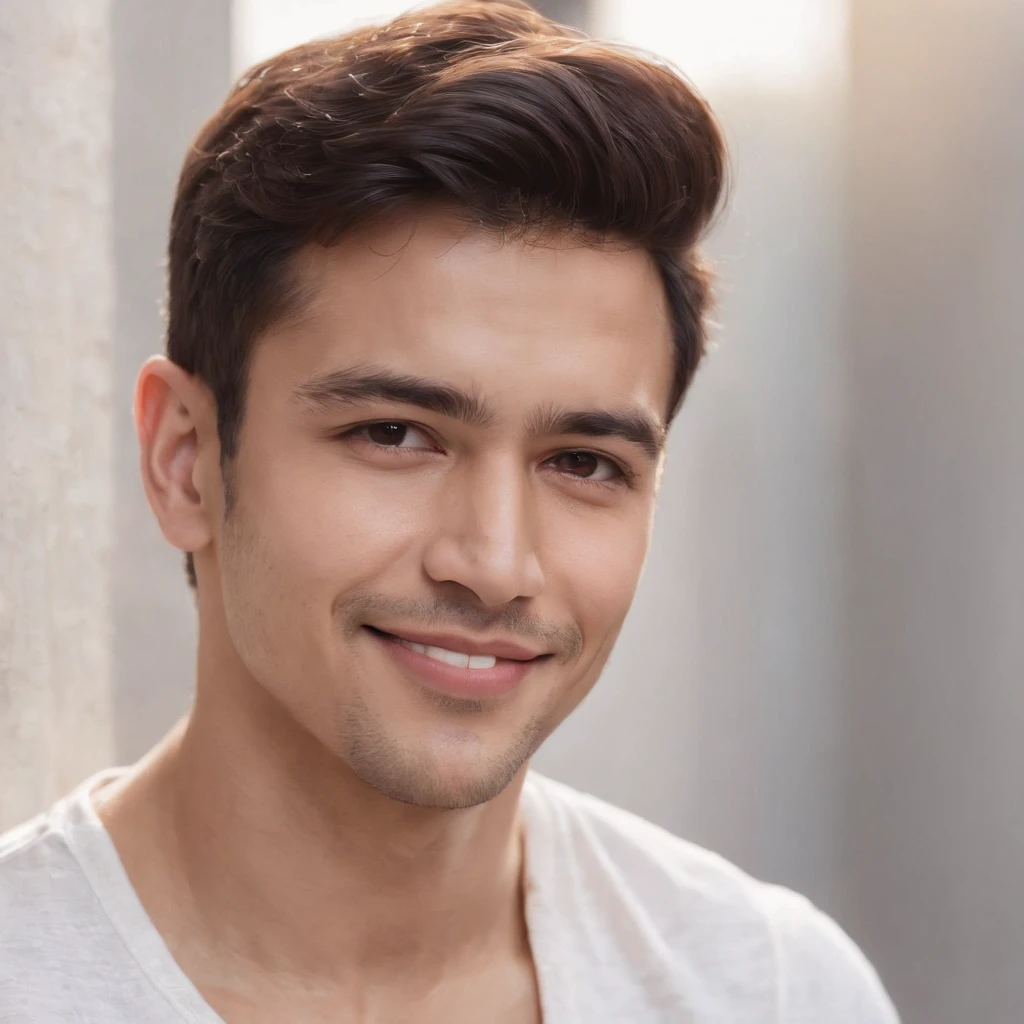 (photo: 1.3) af (realism: 1.3), (Hispanic), Latino man profile, (frontal close-up), soft light, clear face, happy, cheerful, warm light, white T-shirt, (off-white background), (blank background), ((gray wall background)) avatar, (short hair), smile, handsome, young,, short hair, smile, (close-up)