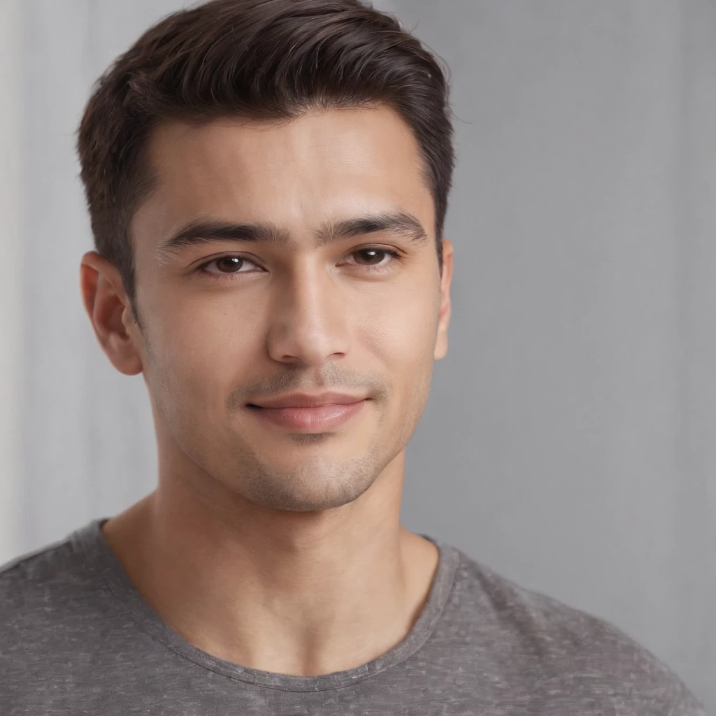 (photo: 1.3) af (realism: 1.3), (Hispanic), Latino man profile, (frontal close-up), soft light, clear face, happy, cheerful, warm light, white T-shirt, (off-white background), (blank background), ((gray wall background)) avatar, (short hair), smile, handsome, young,, short hair, smile, (close-up)