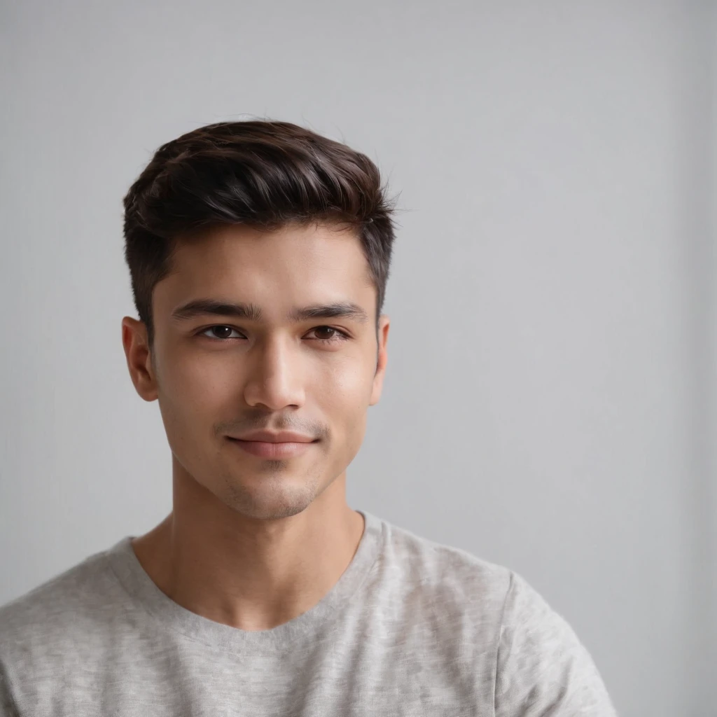 (photo: 1.3) af (realism: 1.3), (Hispanic), Latino man profile, (frontal close-up), soft light, clear face, happy, cheerful, warm light, white T-shirt, (off-white background), (blank background), ((gray wall background)) avatar, (short hair), smile, handsome, young,, short hair, smile, (close-up)