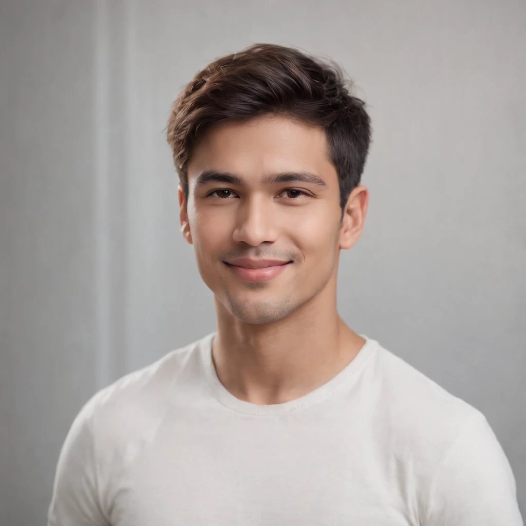 (photo: 1.3) af (realism: 1.3), (Hispanic), Latino man profile, (frontal close-up), soft light, clear face, happy, cheerful, warm light, white T-shirt, (off-white background), (blank background), ((gray wall background)) avatar, (short hair), smile, handsome, young,, short hair, smile, (close-up)