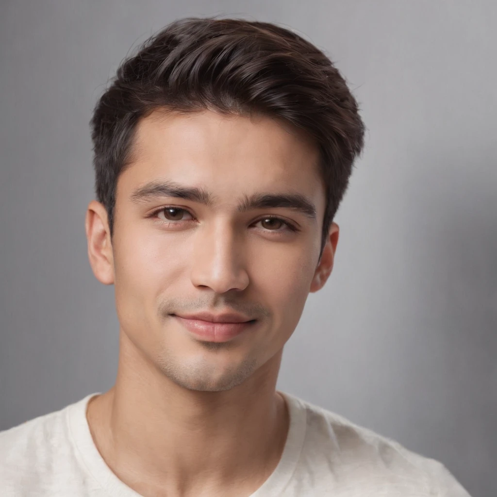 (photo: 1.3) af (realism: 1.3), (Hispanic), Latino man profile, (frontal close-up), soft light, clear face, happy, cheerful, warm light, white T-shirt, (off-white background), (blank background), ((gray wall background)) avatar, (short hair), smile, handsome, young,, short hair, smile, (close-up)