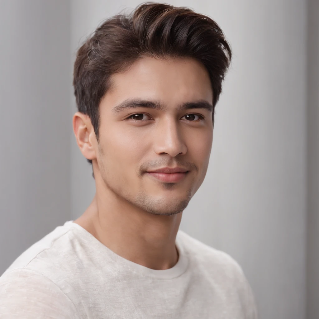 (photo: 1.3) af (realism: 1.3), (Hispanic), Latino man profile, (frontal close-up), soft light, clear face, happy, cheerful, warm light, white T-shirt, (off-white background), (blank background), ((gray wall background)) avatar, (short hair), smile, handsome, young,, short hair, smile, (close-up)