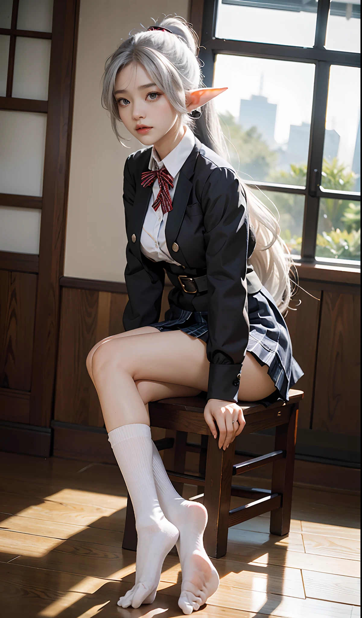 (Extremely normal body)Japanese-style town:1 Elf beauty,JK school uniform,(Elf long ears),Short silver-white hair,Half-tied ponytail。Uniform for female high school students),Short plaid skirt,Stretch your feet,Black short stockings,Black socks, Black socks,Translucent black socks,Jade foot,soles of feet,Normal feet , very detailed eyes and faces, Sharp pupils, realistic pupil, tack sharp focus, cinmatic lighting,full bodyesbian,Bigboobs,long leges,From the front side,dynamicposes,Normal posture,closeup of face