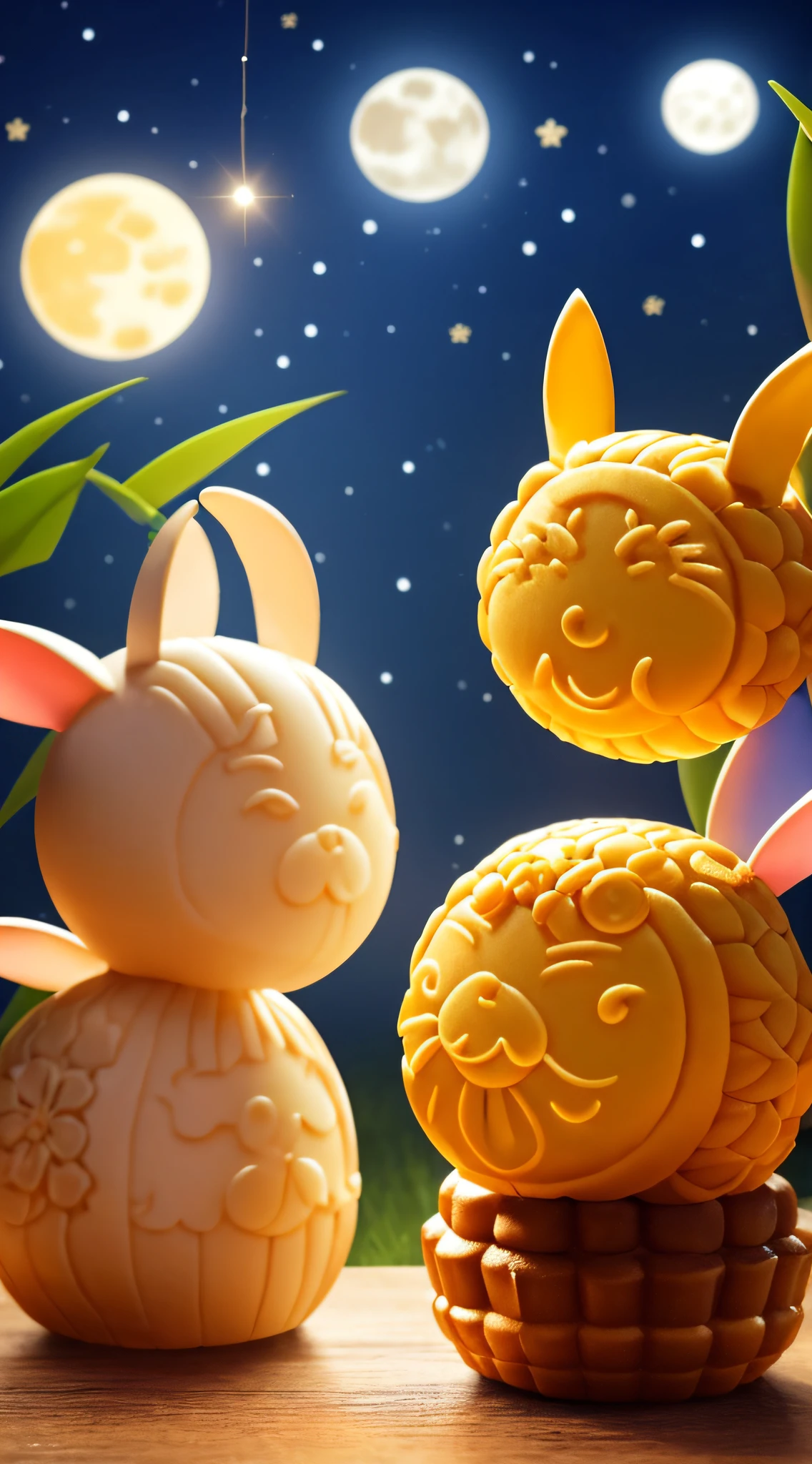 Mid-Autumn Festival,there's a bright moon in the sky,mooncake (esp. for the Mid-Autumn Festival),Two cute rabbits eating mooncakes,sweet osmanthus,Warm color, firefly, warm light,c4d,oc rendering,3D rendering ,medium shot, Full details,realistic details,high resolution