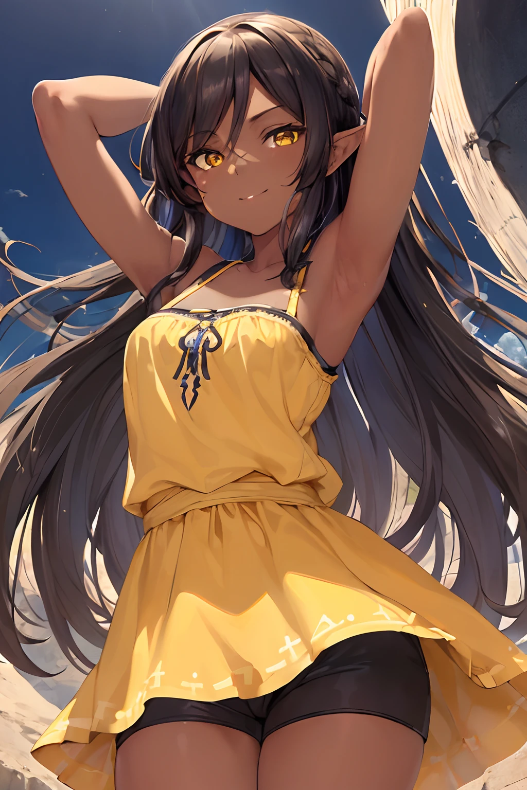 ((Obra maestra,La mejor calidad)),
Nabooru_Zelda, shorts_dress, dark skin, cola de caballo larga, black_hair, armpit, yellow_eyes.
solamente, sonriente, presumido, Mirando al espectador,
film-like composition, dynamic pose,