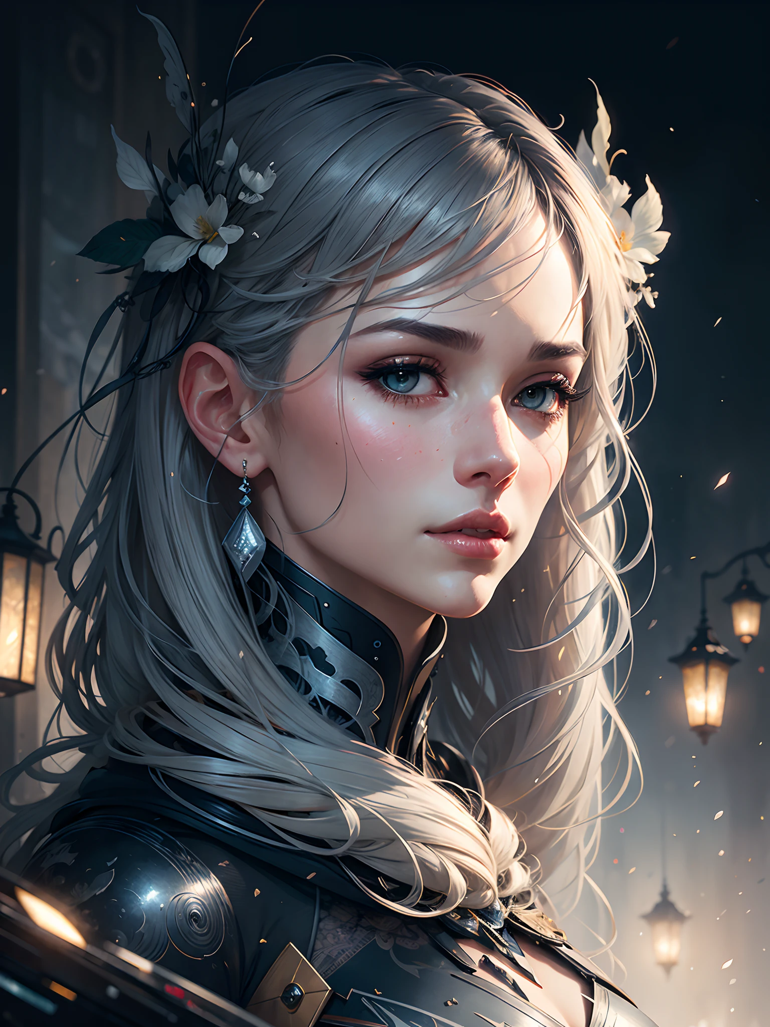 Portrait, Abstract Beauty, Near-Perfection, Delicate Face, Dynamic, Gray Hair, Moonlight, Lantern Bustle, Highly Detailed, Digital Painting, Artstation, Concept Art, Smooth, Sharp Focus, Illustration, Art by Carne Griffiths and Wadim Kashin