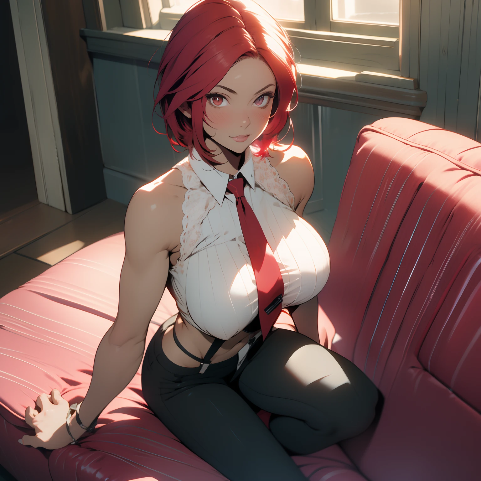 (masterpiece),best quality, VanessaMS, Mature, red short hair, large breasts, bare shoulders, white shirt, red necktie, black pants, black straps, expressive eyes, perfect face, 1girl, big breast, H-cup, good breast, beautiful, gorgeous ,large breast, sitting on a black couch, dominant pose, sexy dominant pose, hands above her head, blushing, medium shot,