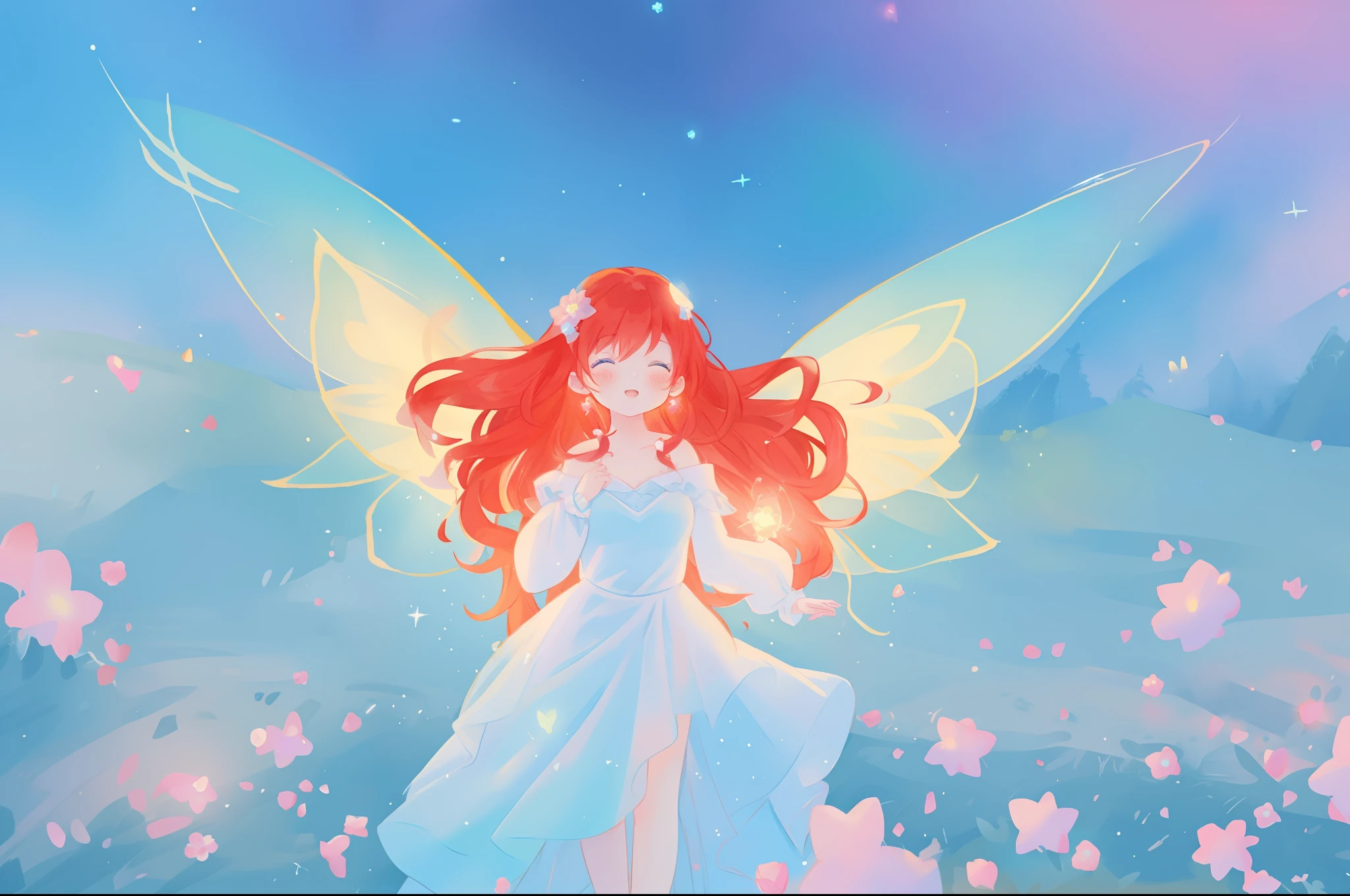 beautiful girl in flowing layered puff long sleeve ballgown, (large fairy wings), glowing flowing ballgown, glowing red hair, sparkling fairy wings, watercolor illustration, flowers and colorful plants, inspired by Glen Keane, inspired by Lois van Baarle, disney art style, by Lois van Baarle, glowing aura around her, by Glen Keane, jen bartel, glowing lights! digital painting, flowing glowing hair, glowing flowing hair, beautiful digital illustration, fantasia otherworldly landscape plants flowers, beautiful, masterpiece, best quality, anime disney style