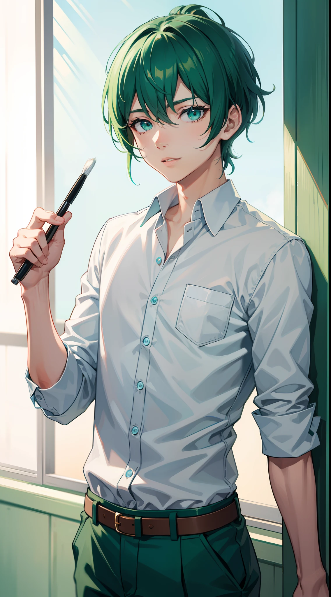 young boy, short turquoise hair, high ponytail, Green eyes, White beautiful shirt, pants, brushes, Masterpiece, hiquality, 4k, HD, Good detail