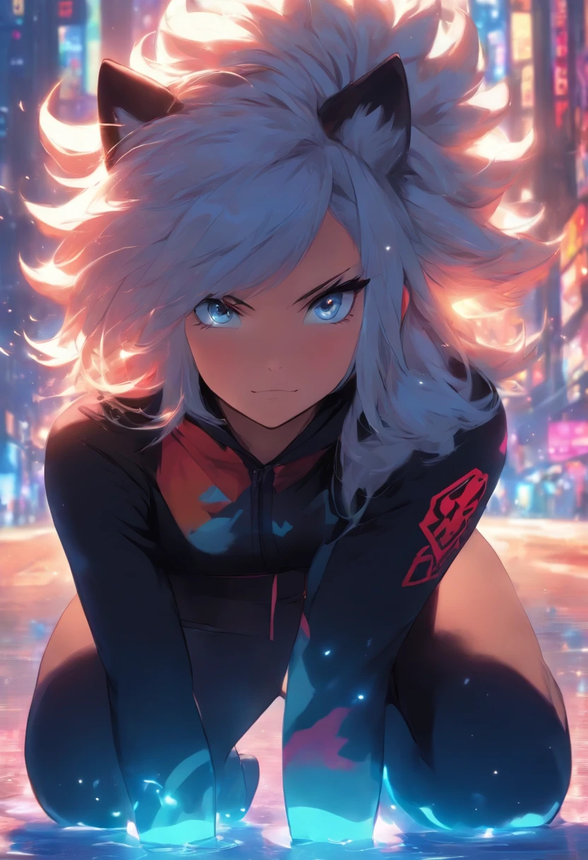 Single boy, Anime Femboy, Short, Long white hair, wolf ears, wolf tail, blue eyes, black combat boots, flat chest, super flat chest, solo femboy, only one femboy ((FLAT CHEST)), wide hips, thicc thighs, happy, crotch bulge (CROTCH BULGE), yoga leggings, wearing cropped black hoodie, solo, alone