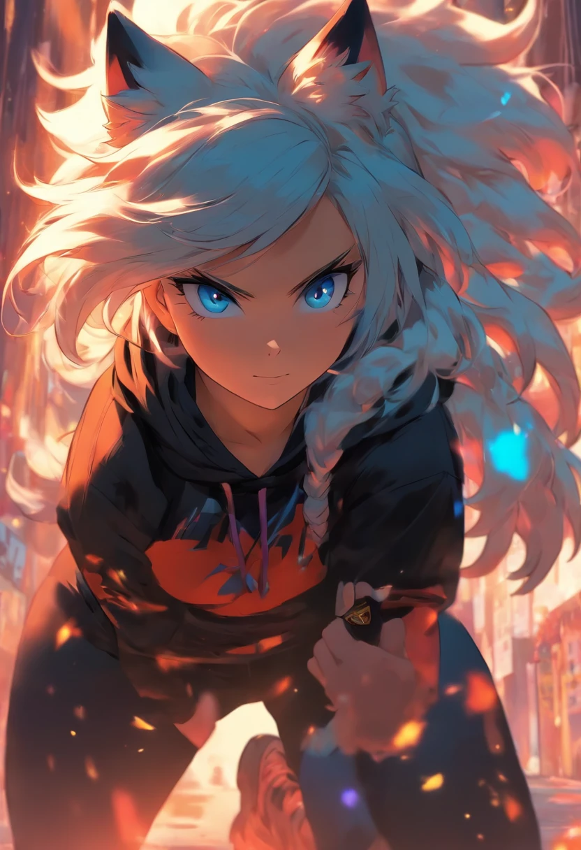 Single boy, Anime Femboy, Short, Long white hair, wolf ears, wolf tail, blue eyes, black combat boots, flat chest, super flat chest, solo femboy, only one femboy ((FLAT CHEST)), wide hips, thicc thighs, happy, crotch bulge (CROTCH BULGE), yoga leggings, wearing cropped black hoodie, solo, alone