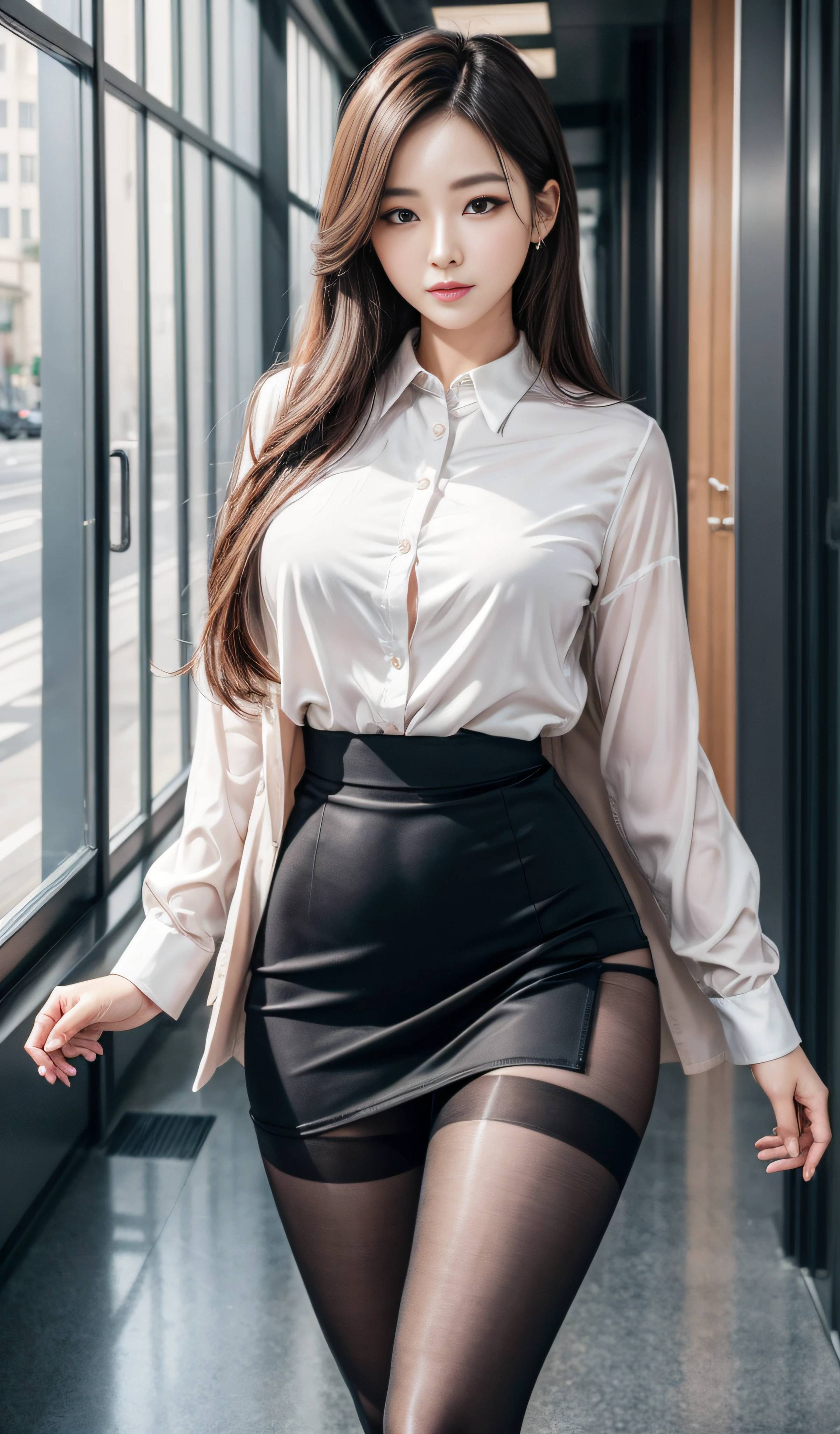 ultra - detailed、tmasterpiece、top-quality、超A high resolution、8K、high-level image quality、Live action、Photogenic clarity、A detailed eye、gradients、perfect anatomy body proportions ,hdd、NFFSW , Nikon Z9 80mm lens 、masutepiece、Beautiful female teacher, Skirts and thighs、20yr old、Take a walk along the hallway、office clothes, Wear a luxurious silk shirt,  Young and beautiful girl， perfect body figure， perfect body figure， full pov， Perfect body， （Starting below：1.3）， lewd poses，(Wear pantyhose,Realistic pantyhose)、（huge tit：1.0）， long sexy legs， （thigh gap：1.5），Wide buttock，Wear pantyhose over panties、Panties are pink、Elegant slim beige blouse, Pretty Korean girl, Kpop idol，(Pale skin), (Big eyes),（ssmile：0.8），Business clothes, Business attire, wearing  shirt, merchant, Silk, cream colored blouse, Wear an ultra-thin shirt, silky garment, wearing business casual dress, dressed in a suit, business outfit, formal outfit、super detailing, realistic skin textures, Detal Face, Beautiful detail eyes, Make up - up、Sparkling eyes、shiny lip、high-heels、Semi-body shot、