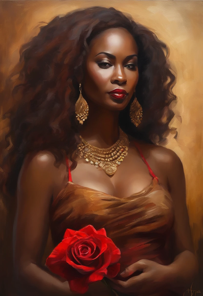 Beautiful woman wearing a brown outfit and holding a red rose flower. gold jewelry on her neck and wrist, (((big boobs))), (((cleavage))), vestido ornamentado vermelho,  mulhee negra africana, mulher vermelha bonita, usando um vestido africano, beleza estonteante, mulher deslumbrante, Tema vermelho cabelo ondulado, mulher africana