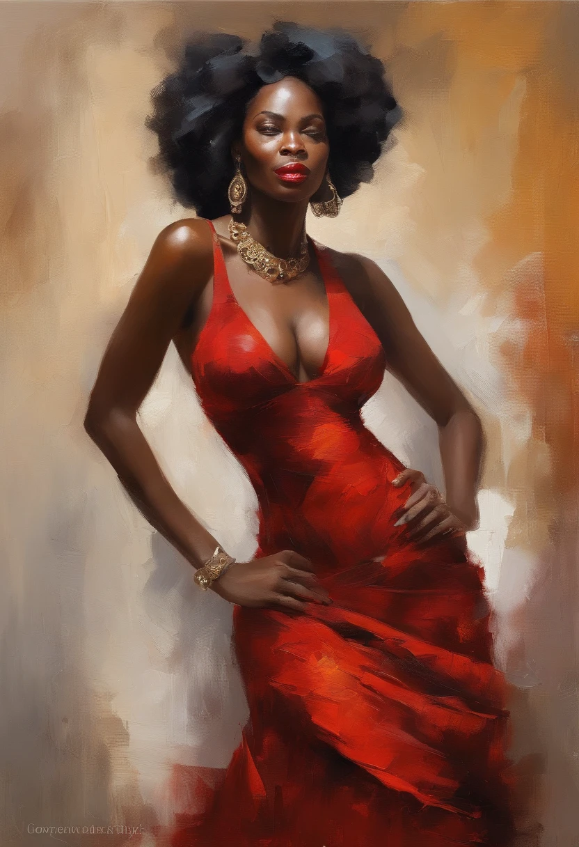 Beautiful woman wearing a brown outfit and holding a red rose flower. gold jewelry on her neck and wrist, (((big boobs))), (((cleavage))), vestido ornamentado vermelho, mulhee negra africana, mulher vermelha bonita, usando um vestido africano, beleza estonteante, mulher deslumbrante, Tema vermelho cabelo ondulado, mulher africana