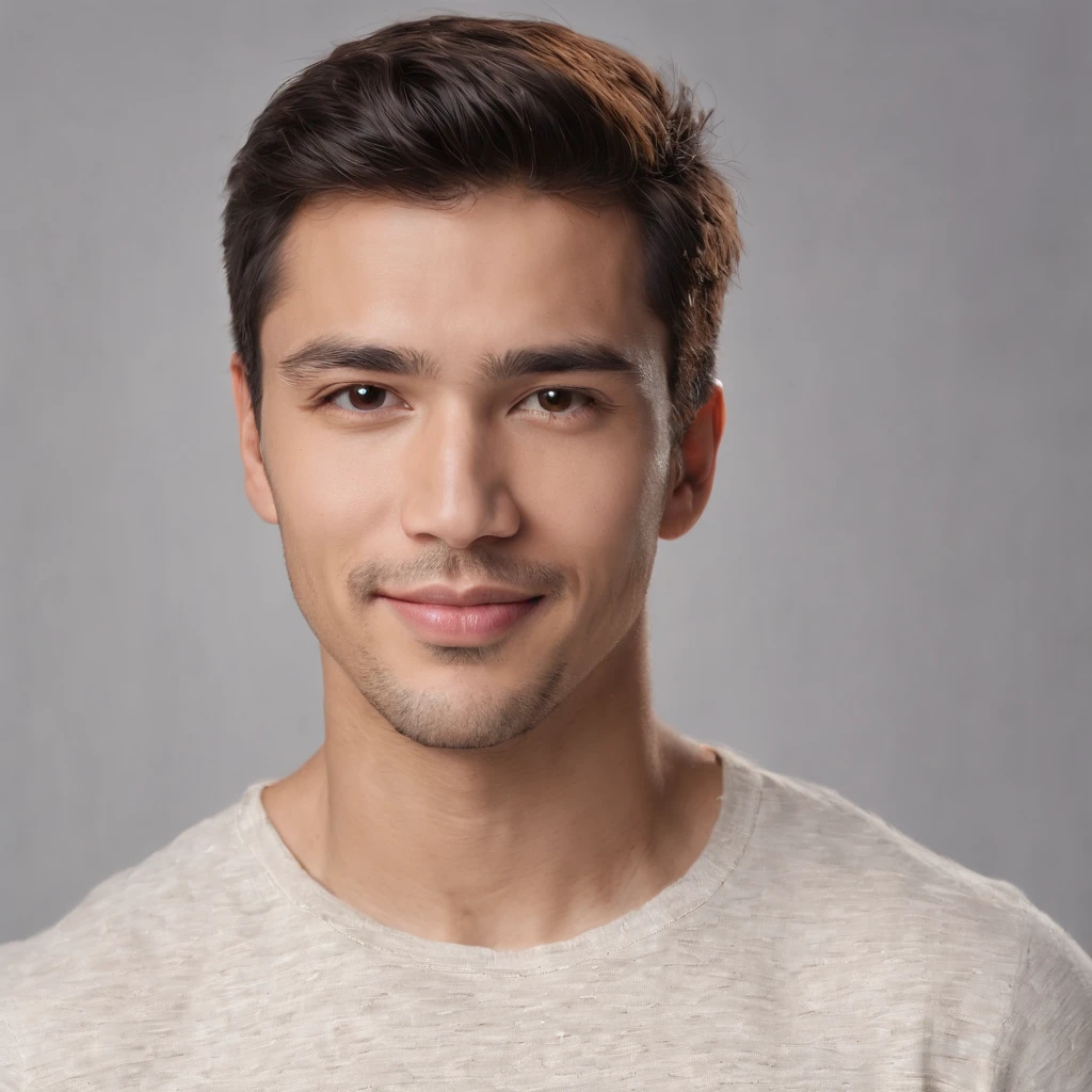 (photo: 1.3) af (realism: 1.3), (Hispanic), Latino man profile, (frontal close-up), soft light, clear face, happy, cheerful, warm light, white T-shirt, (off-white background), (blank background), ((gray wall background)) avatar, (short hair), smile, handsome, young,, short hair, smile, (close-up)