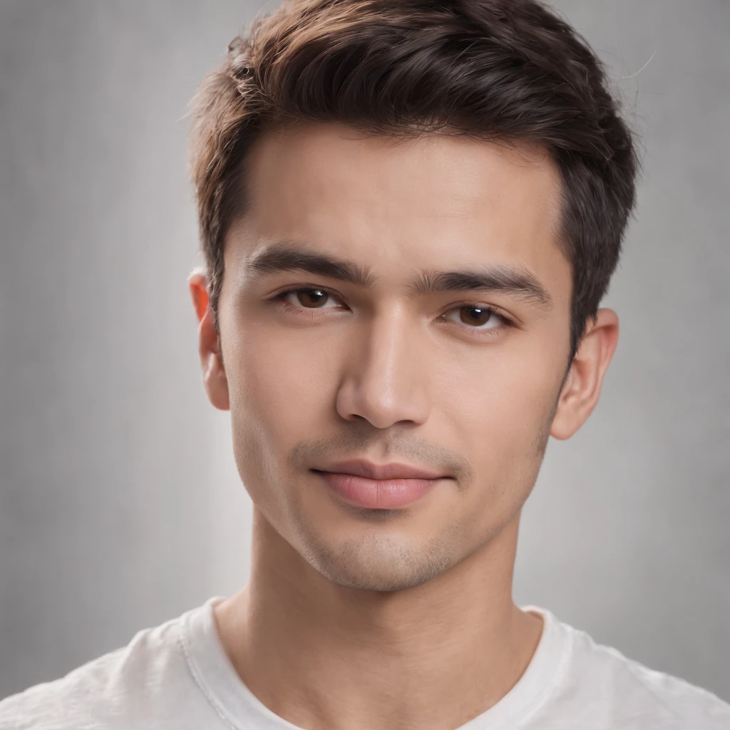 (photo: 1.3) af (realism: 1.3), (Hispanic), Latino man profile, (frontal close-up), soft light, clear face, happy, cheerful, warm light, white T-shirt, (off-white background), (blank background), ((gray wall background)) avatar, (short hair), smile, handsome, young,, short hair, smile, (close-up)