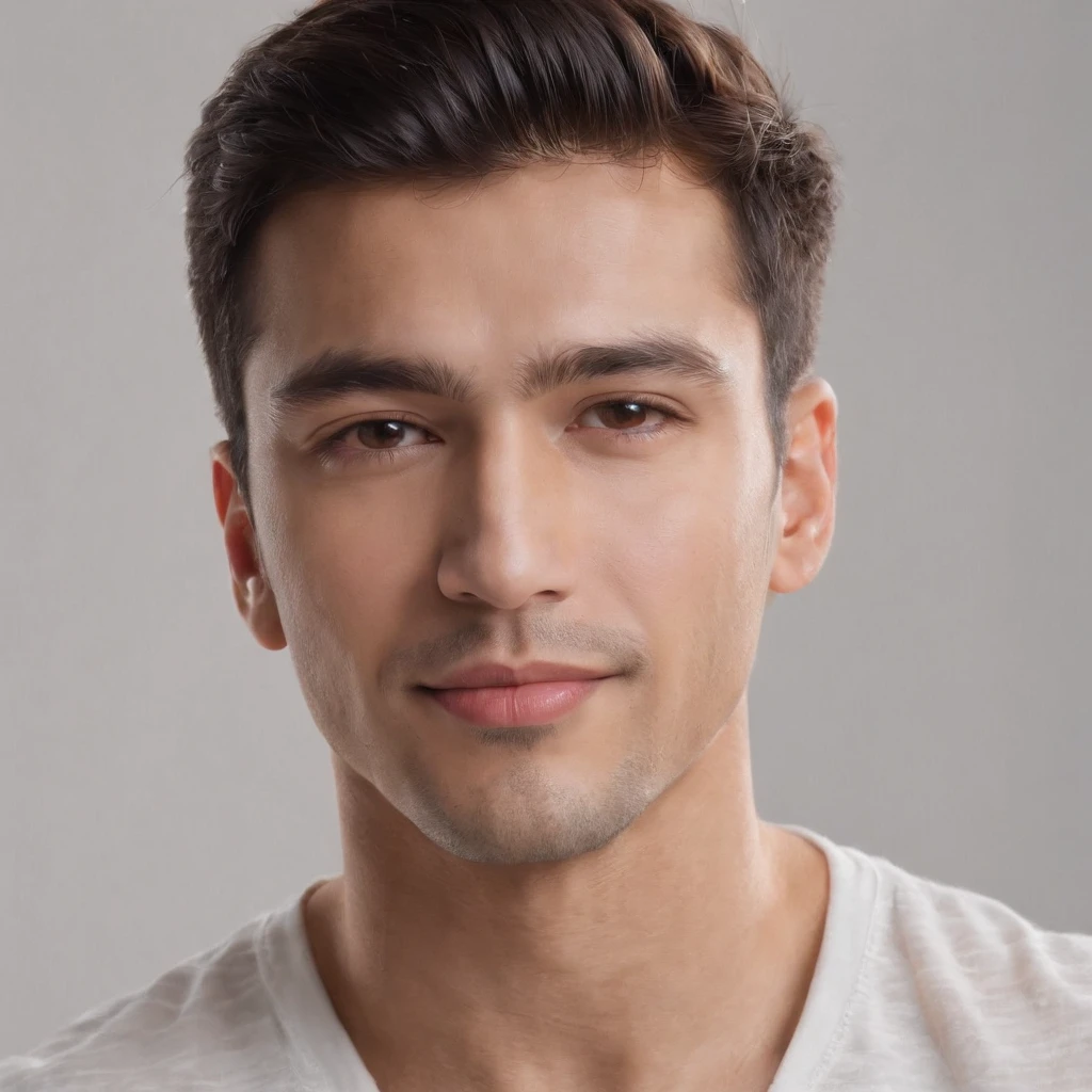 (photo: 1.3) af (realism: 1.3), (Hispanic), Latino man profile, (frontal close-up), soft light, clear face, happy, cheerful, warm light, white T-shirt, (off-white background), (blank background), ((gray wall background)) avatar, (short hair), smile, handsome, young,, short hair, smile, (close-up)