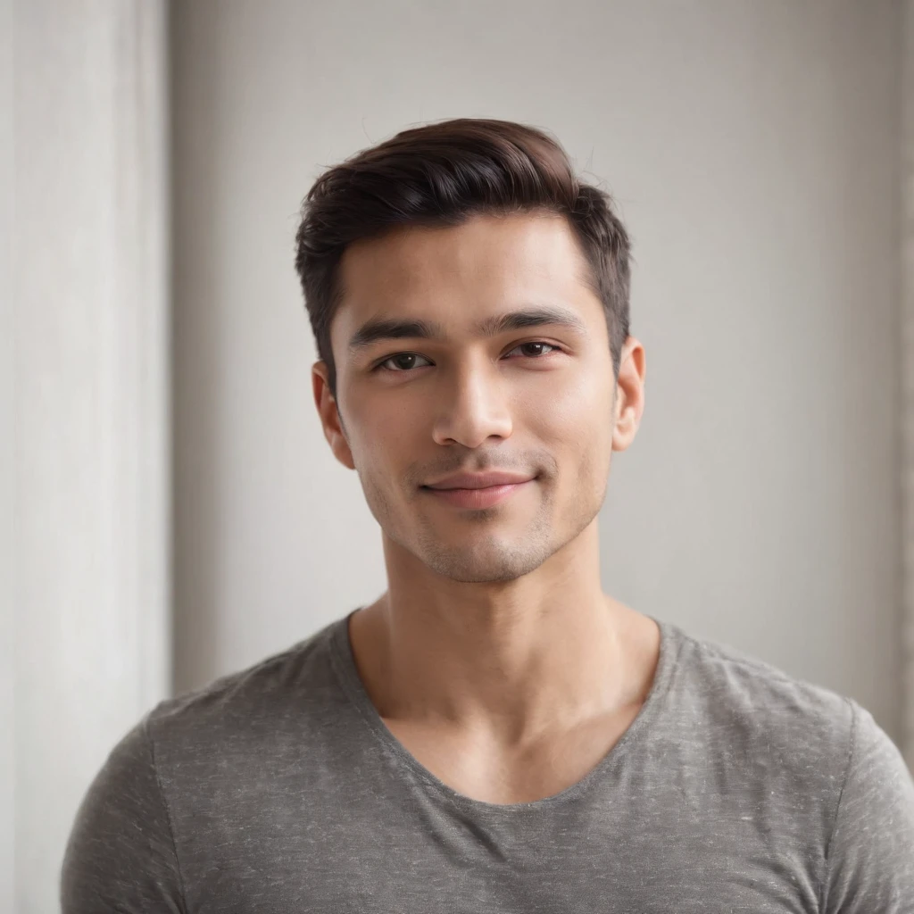 (photo: 1.3) af (realism: 1.3), (Hispanic), Latino man profile, (frontal close-up), soft light, clear face, happy, cheerful, warm light, white T-shirt, (off-white background), (blank background), ((gray wall background)) avatar, (short hair), smile, handsome, young,, short hair, smile, (close-up)