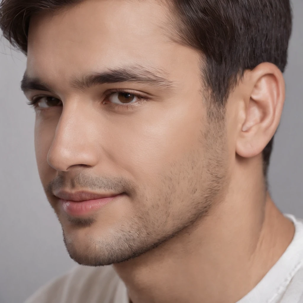 (photo: 1.3) af (realism: 1.3), (Hispanic), Latino man profile, (frontal close-up), soft light, clear face, happy, cheerful, warm light, white T-shirt, (off-white background), (blank background), ((gray wall background)) avatar, (short hair), smile, handsome, young,, short hair, smile, (close-up)