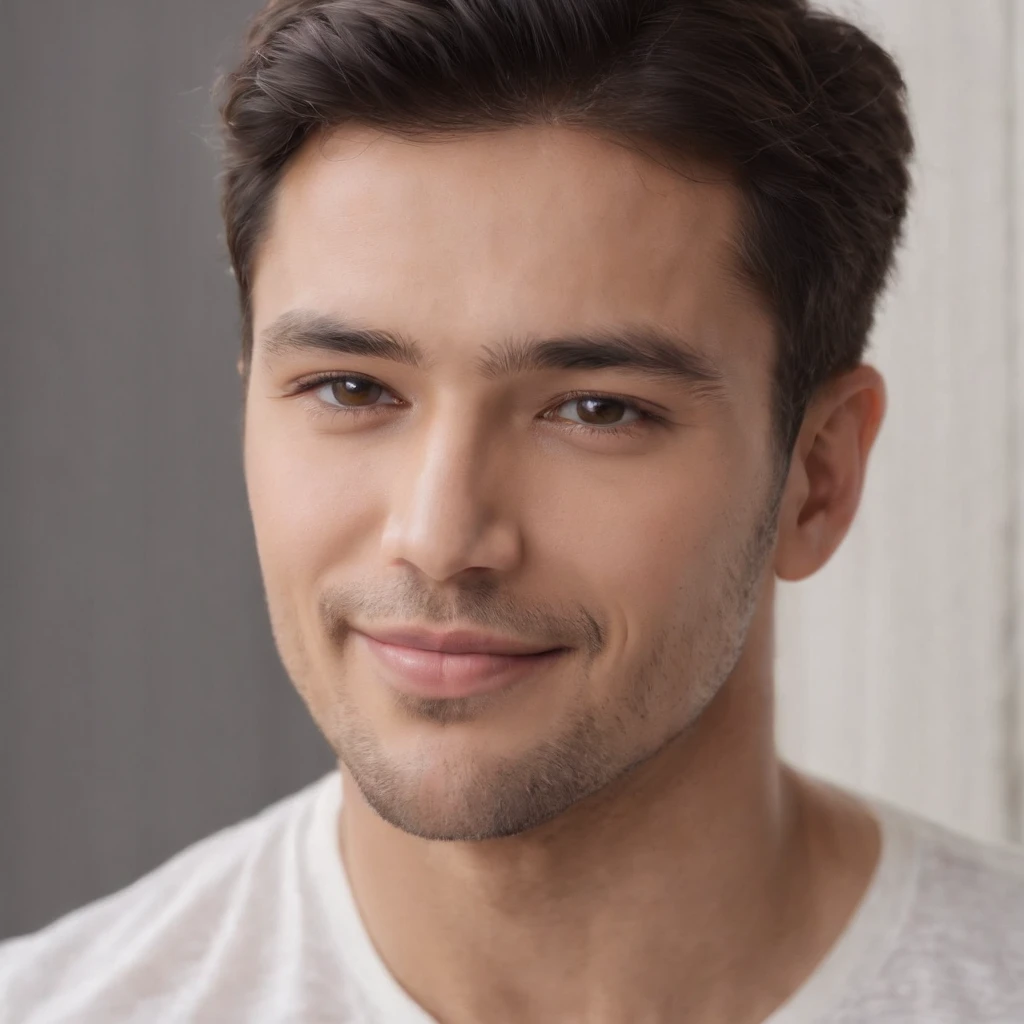 (photo: 1.3) af (realism: 1.3), (Hispanic), Latino man profile, (frontal close-up), soft light, clear face, happy, cheerful, warm light, white T-shirt, (off-white background), (blank background), ((gray wall background)) avatar, (short hair), smile, handsome, young,, short hair, smile, (close-up)