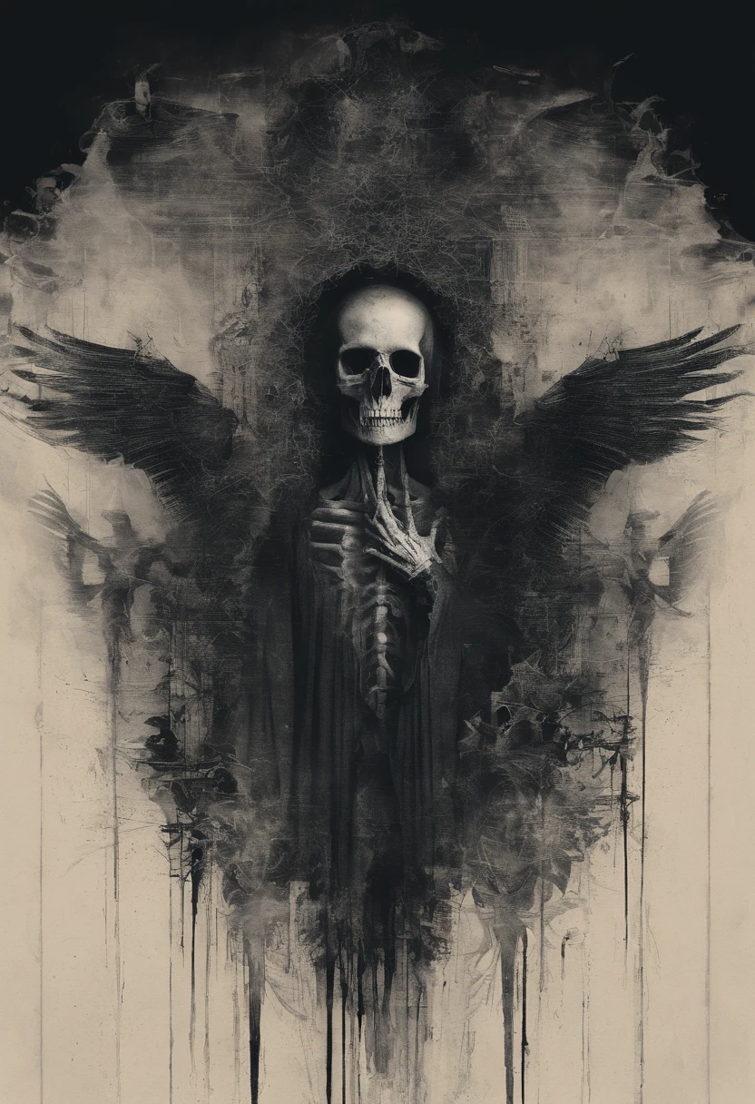 Decaying human body,The whole body is covered with sarcoma,A large eyeball grows on the chest,There are six angel wings on the back,Standing in ruins,above,frotting,sarcoma