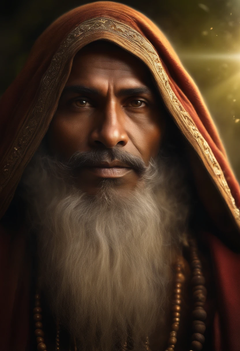 "A person resembling an Indian babaji, personalidade madura, olhar confiante, sacerdote, Rishi, monge, yogi, Mestre Espiritual, He looks like mixers of Australoid and black race, INDIAN, He captured it in a medium shot, Sparks, glossy, dust particles, Visual 3D, luz solar, pena, disco Rigido, flor, studio, Digital Studio, cabelos brilhantes, olhos brilhantes,((ultra realistic:1.8)),((best quality)), ((master part)),((circunstanciado)),.RAW, (tiro na parte superior do corpo:1.3),(retrato de corpo inteiro:1.2)."