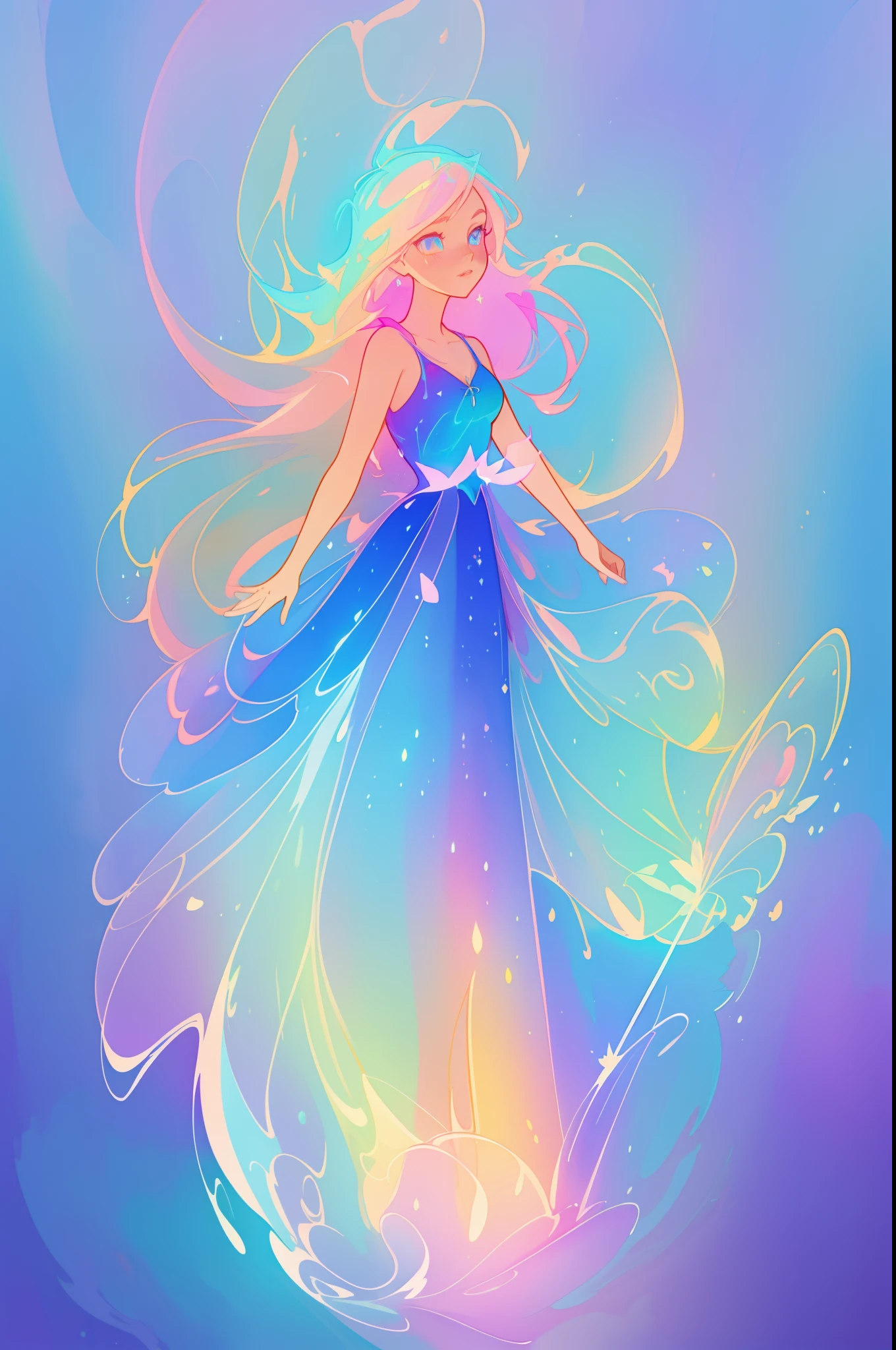 beautiful anime girl in colorful liquid dress, vibrant pastel colors, (colorful), magical lights, sparkling lines of light, inspired by Glen Keane, inspired by Lois van Baarle, disney art style, by Lois van Baarle, glowing aura around her, by Glen Keane, jen bartel, glowing lights! digital painting, flowing glowing hair, glowing flowing hair, beautiful digital illustration, fantasia background, whimsical, magical, fantasy, beautiful face, ((masterpiece, best quality)), intricate details, highly detailed, sharp focus, 8k resolution, sparkling detailed eyes, liquid watercolor