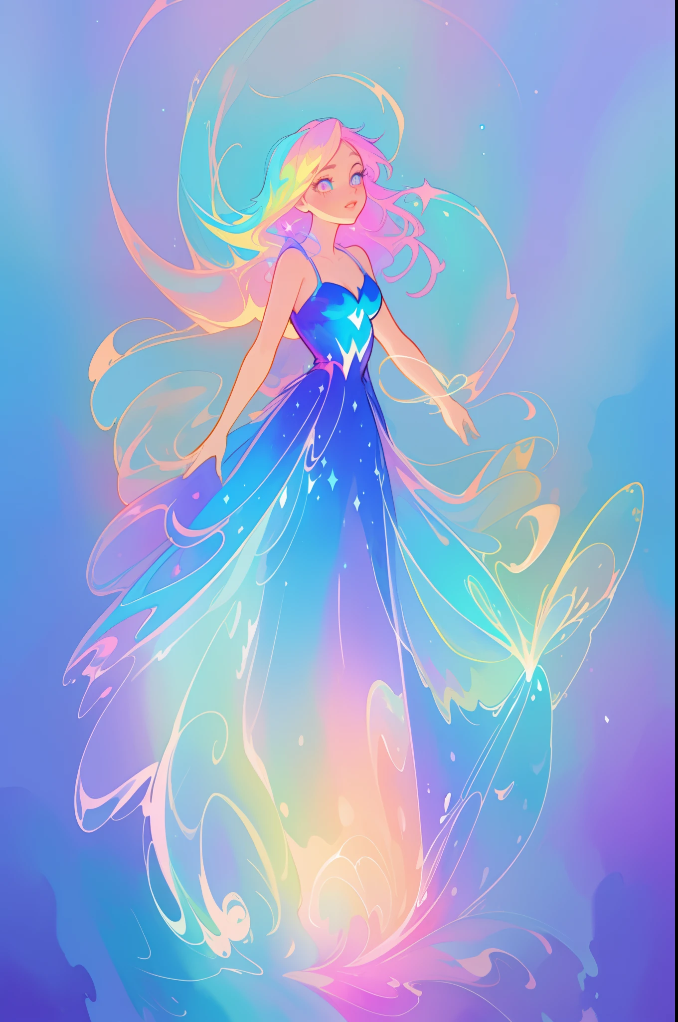 beautiful anime girl in colorful liquid dress, vibrant pastel colors, (colorful), magical lights, sparkling lines of light, inspired by Glen Keane, inspired by Lois van Baarle, disney art style, by Lois van Baarle, glowing aura around her, by Glen Keane, jen bartel, glowing lights! digital painting, flowing glowing hair, glowing flowing hair, beautiful digital illustration, fantasia background, whimsical, magical, fantasy, beautiful face, ((masterpiece, best quality)), intricate details, highly detailed, sharp focus, 8k resolution, sparkling detailed eyes, liquid watercolor