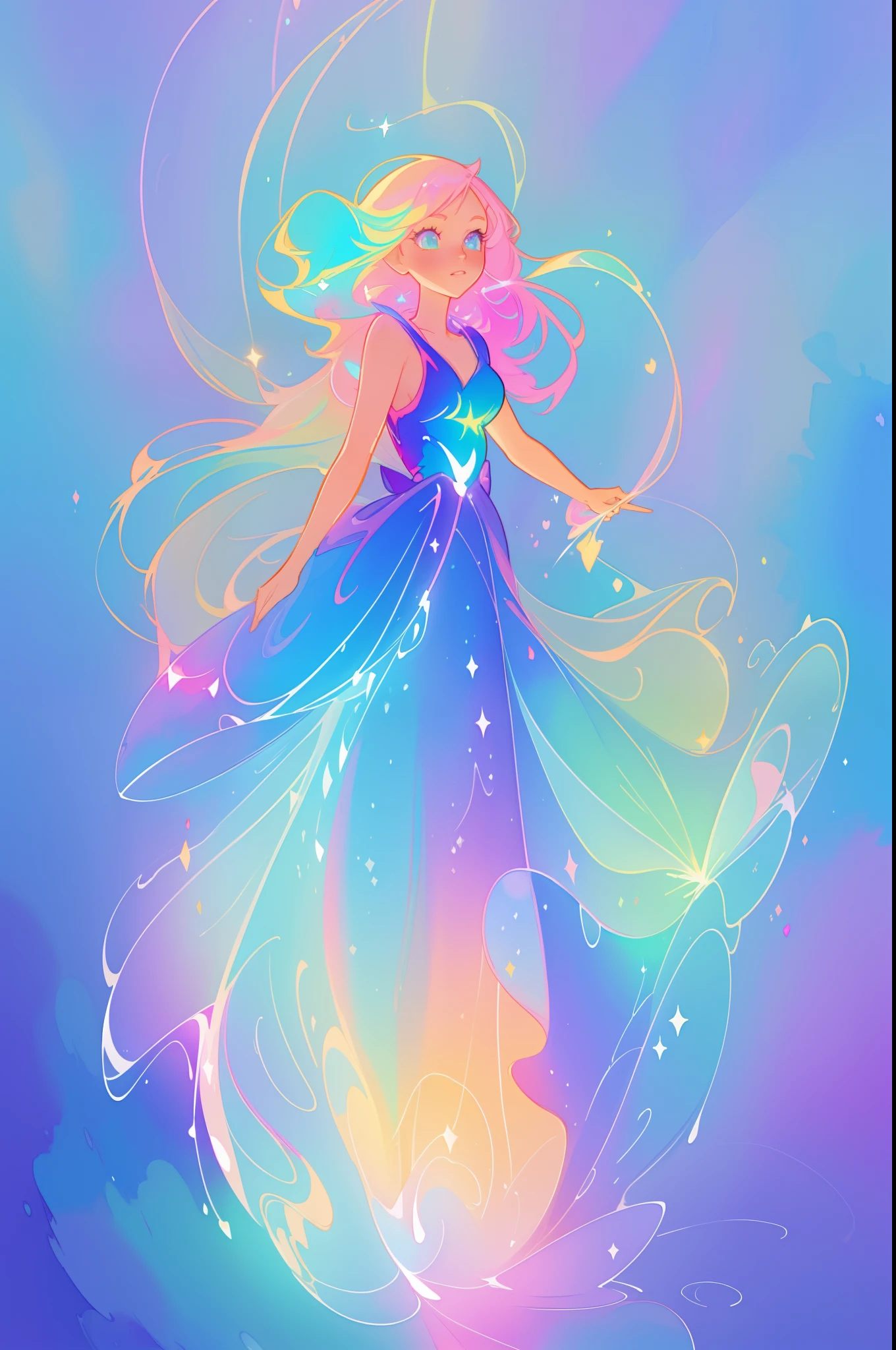 beautiful anime girl in colorful liquid dress, vibrant pastel colors, (colorful), magical lights, sparkling lines of light, inspired by Glen Keane, inspired by Lois van Baarle, disney art style, by Lois van Baarle, glowing aura around her, by Glen Keane, jen bartel, glowing lights! digital painting, flowing glowing hair, glowing flowing hair, beautiful digital illustration, fantasia background, whimsical, magical, fantasy, beautiful face, ((masterpiece, best quality)), intricate details, highly detailed, sharp focus, 8k resolution, sparkling detailed eyes, liquid watercolor