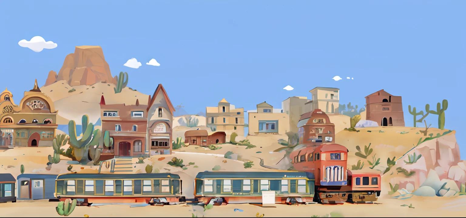 cartoonish style，by Pixar, There is a train on the tracks that passes through a town, Western town, A small town in the American West, city in desert, In a small town in the Wild West, Western scene, towns, 4 K Wild West,cacti , Train station, Police Department，banks，stop，Gobi，Desert，A detailed， 2D illustration，concept design，Game scene design，