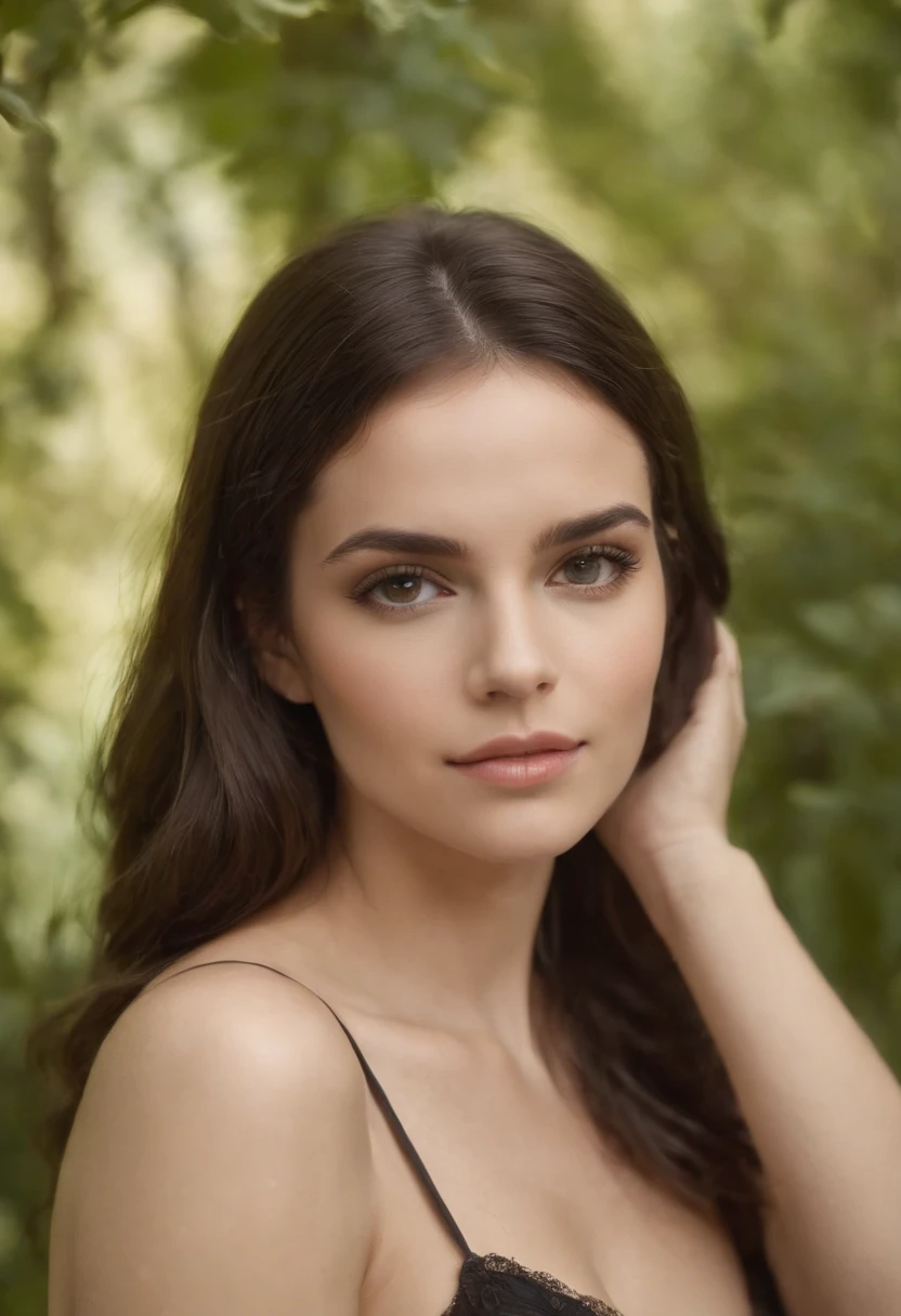 Photograph of a beautiful girl in her 20s in a black bra, Sentado em um tronco em uma floresta enevoada, Cabelos amarelos abundantes, Franja arbustiva, Olhos brilhantes e bonitos, symmetric beautiful face, Cara fofa e inocente, sem maquiagem, Unadorned, filmic grain, Fotos de sonho, foto conceitual, Fotografia emocional, cinematic movie photograph, fotografia realista, realisitic, foco nítido, 14k, altamente detalhado, Sociedade CG, ultra-definition, Very fine grain, Fotos empoeiradas, Grain Filter
