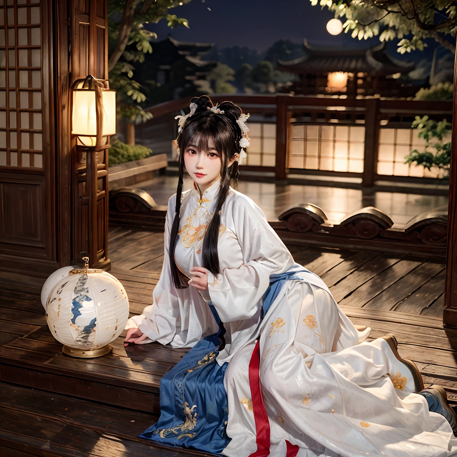 Chang'e，Moon，themoon，rays of moonlight，big breasts beautiful，delicated，the detail，Extreme，复杂，Brilliant --ar 2:4 --s 100 --niji 5 --Expressive style，palaces，the white rabbit，Long sleeves floating，Palace costume，Classical beauty，Looking at you，Bigchest，Realiy