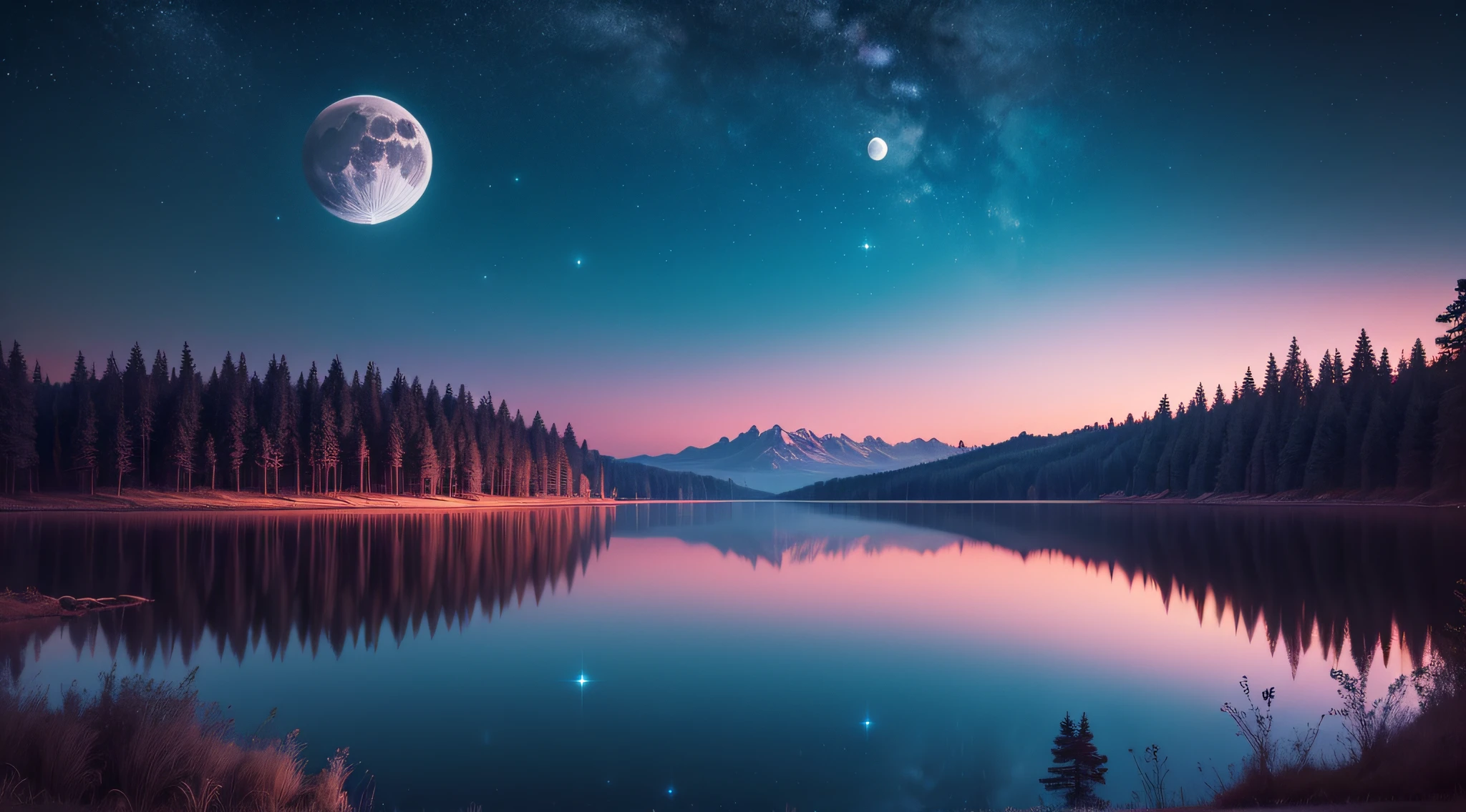 There is a beautiful moon,Lakes and trees in the background,Deep sky,stunning skies,Fantastic atmosphere 8K,The color is reflected on the lake,surreal sky,beautiful sky,Beautiful and spectacular nights,Beautiful Dreamy Landscape,Amazing sky