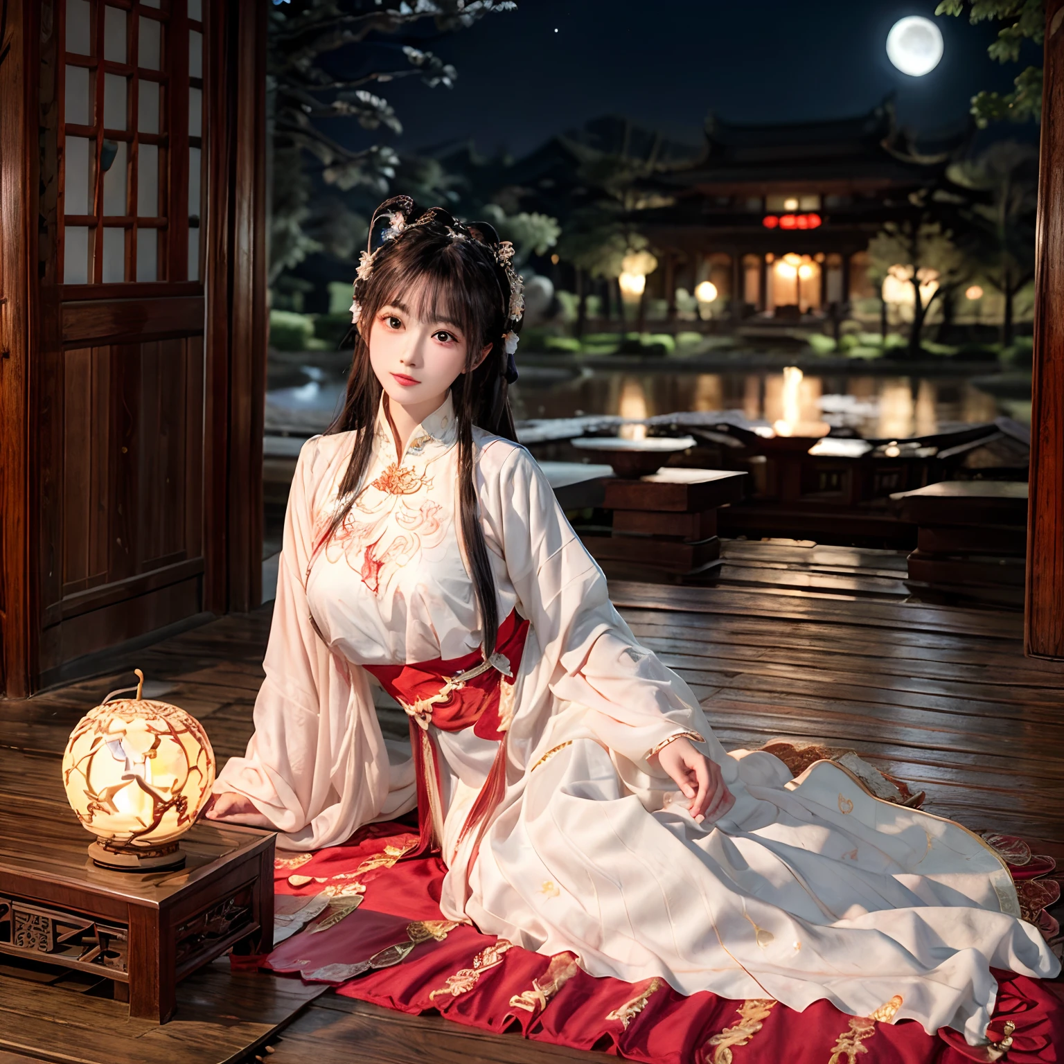 Chang'e，Moon，themoon，rays of moonlight，big breasts beautiful，delicated，the detail，Extreme，复杂，Brilliant --ar 2:4 --s 100 --niji 5 --Expressive style，palaces，the white rabbit，Long sleeves floating，Palace costume，Classical beauty，Looking at you，Bigchest，Realiy