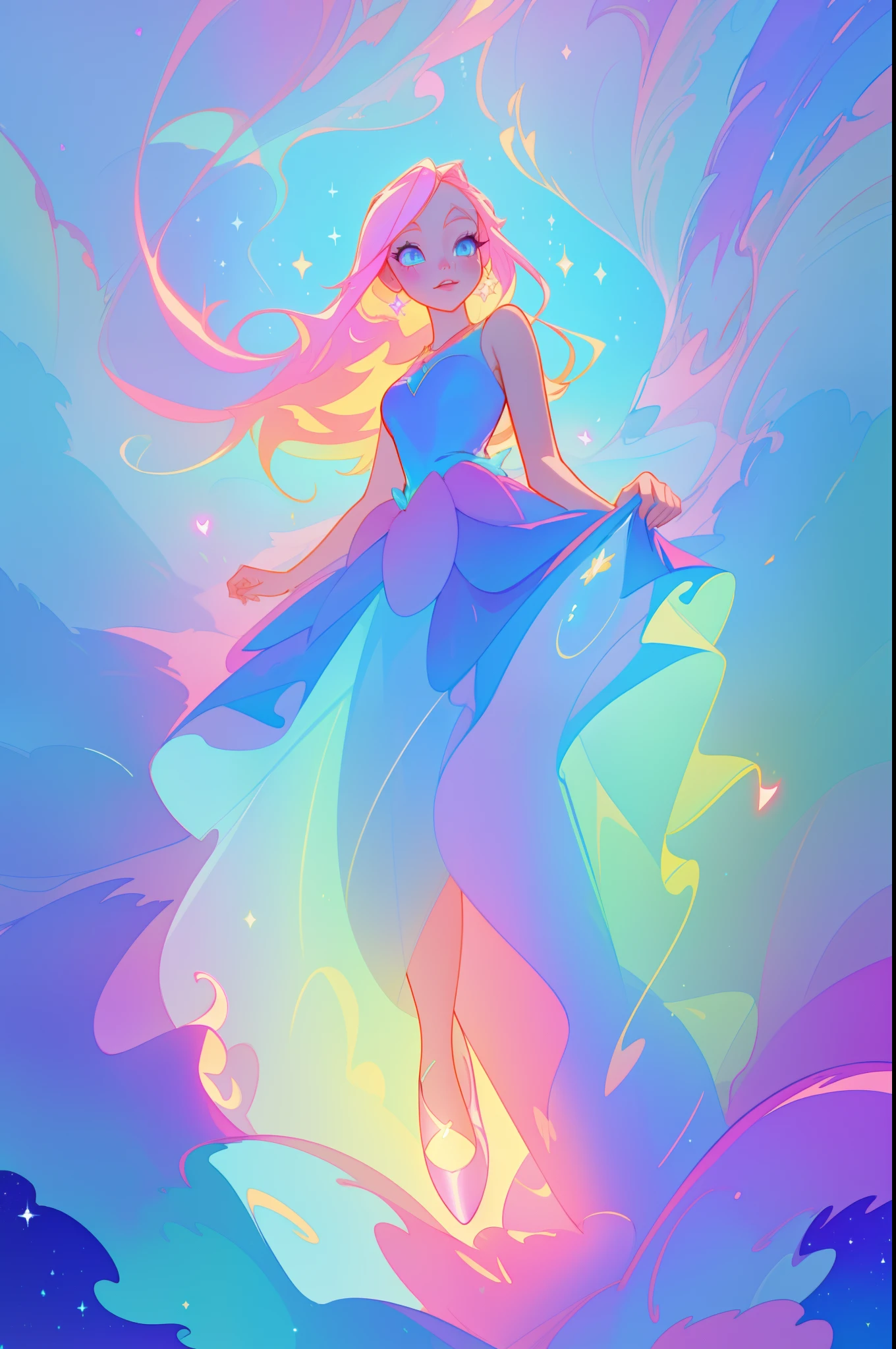 beautiful girl in colorful layered ballgown, vibrant pastel colors, (colorful), magical lights, sparkling lines of light, inspired by Glen Keane, inspired by Lois van Baarle, disney art style, by Lois van Baarle, glowing aura around her, by Glen Keane, jen bartel, glowing lights! digital painting, flowing glowing hair, glowing flowing hair, beautiful digital illustration, fantasia background, whimsical, magical, fantasy, beautiful face, ((masterpiece, best quality)), intricate details, highly detailed, sharp focus, 8k resolution, sparkling detailed eyes, liquid watercolor