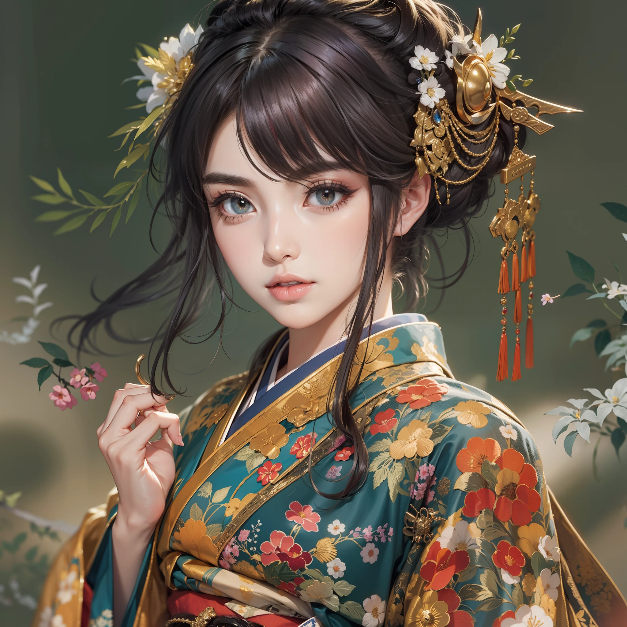 Detailed background(Bridge over a deep valley)、(Gorgeous and elegant backgrounds:1.2), BREAK,elaborate costume{Luxury kimono(Colorful kimono(Detailed golden embroidery,))}、(Japanese Idol(actress):1.2)(face perfect:1.2),Depict a beautiful and graceful woman of Japan。glossy dark hair,poneyTail,Heart in the eye。 Wallpapers 16K, .Blur the background with a sickle,((masutepiece)), ((Best Quality)),{{a portrait photo of}},full body Esbian