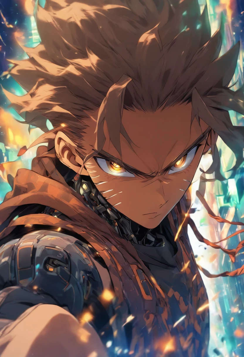 male with robotic arms wearing sleeveless hoodie, has brown eyes, brown ponytail, crackling energy,