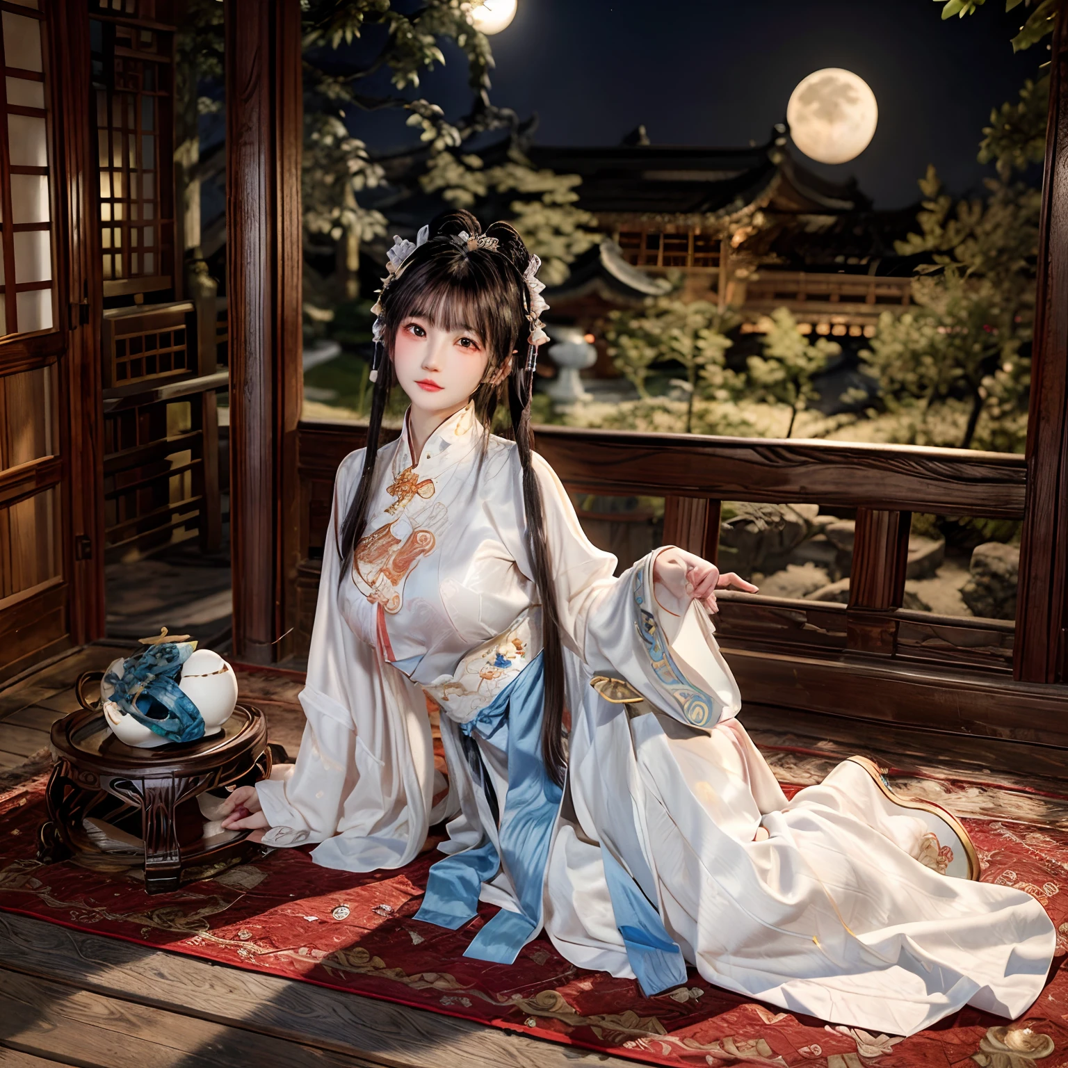 Chang'e，Moon，themoon，rays of moonlight，big breasts beautiful，delicated，the detail，Extreme，复杂，Brilliant --ar 2:4 --s 100 --niji 5 --Expressive style，palaces，the white rabbit，Long sleeves floating，Palace costume，Classical beauty，Looking at you，Bigchest，Realiy