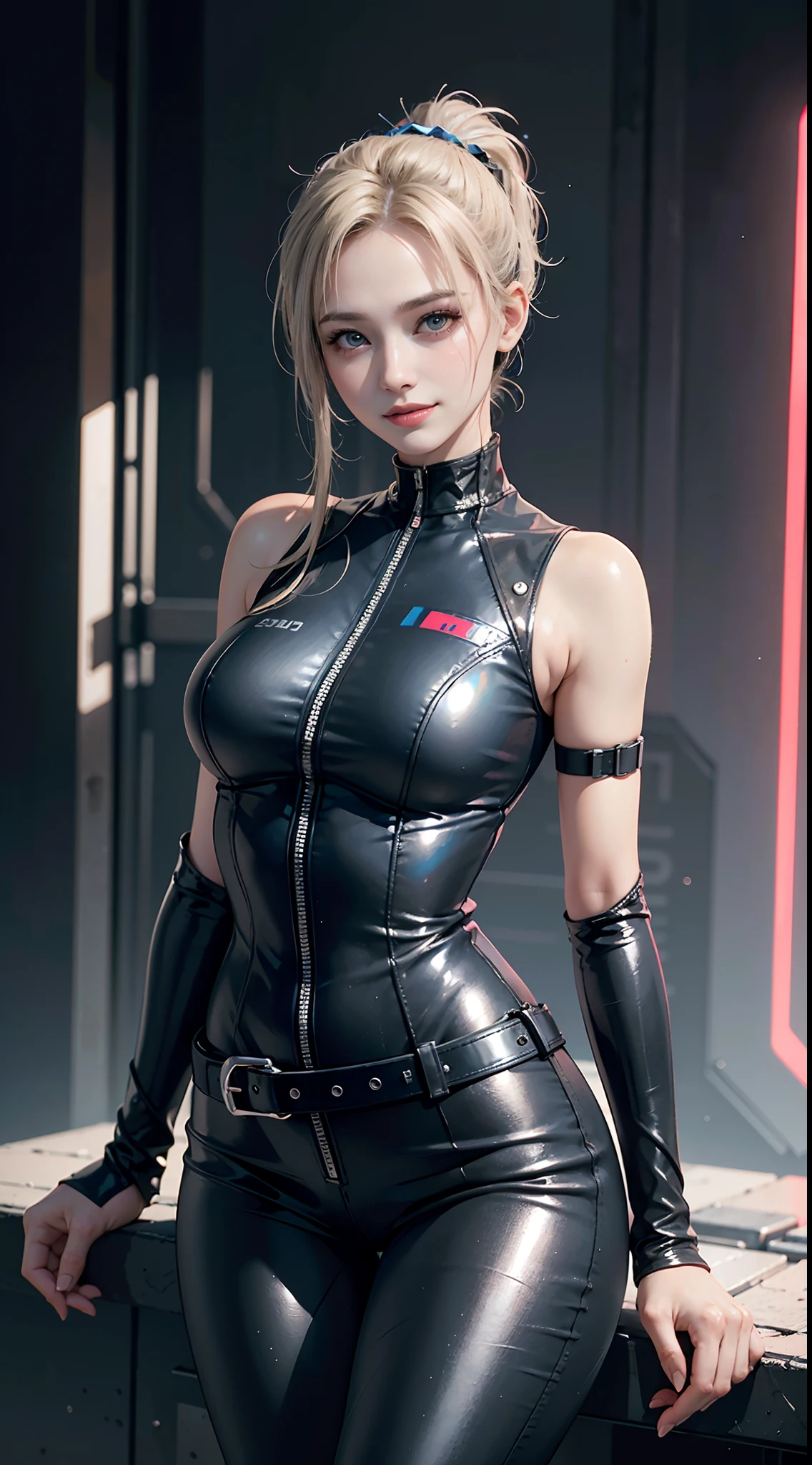 ****ta, smiling, 20 years old, ((best quality)), ((masterpiece)), (high definition:1.3), 3D, beautiful (cyberpunk:1.3), stylish woman looking at camera black leather clothes, sleeveless, embarrassed, waist skin invisible, blue-black leather pants, silver zipper,belt below the waist,super fine illustration,blond hair , showing forehead, silver center zipper, leather blue black bodysuit, sleevelesblue blacks, shiny, blonde ponytail