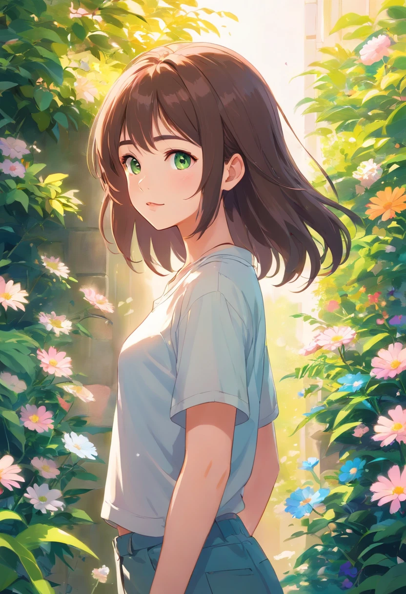 (best quality,4k,highres),(realistic:1.37),ultra-detailed,beautiful detailed eyes,beautiful detailed lips,extremely detailed face,green eyes,short dark brown hair,small chest,small nose,-yeld wh girl,black shorts,black and white sneakers,big t-shirt,casual outfit,standing in a vibrant garden,with colorful flowers and lush greenery,underneath a clear blue sky,sunlight gently illuminating her face and hair,relaxed and confident expression,enjoying the peaceful atmosphere,feeling the gentle breeze on her skin,feeling connected to nature,filled with joy and serenity,medium:illustration,vivid colors,soft brush strokes,creating a dreamy effect,emphasizing the girl's natural beauty and youthfulness,subtle shadows adding depth and dimension to the scene,color palette dominated by pastel tones,creating a whimsical and uplifting atmosphere,light and airy composition,conveying a sense of freedom and lightness.