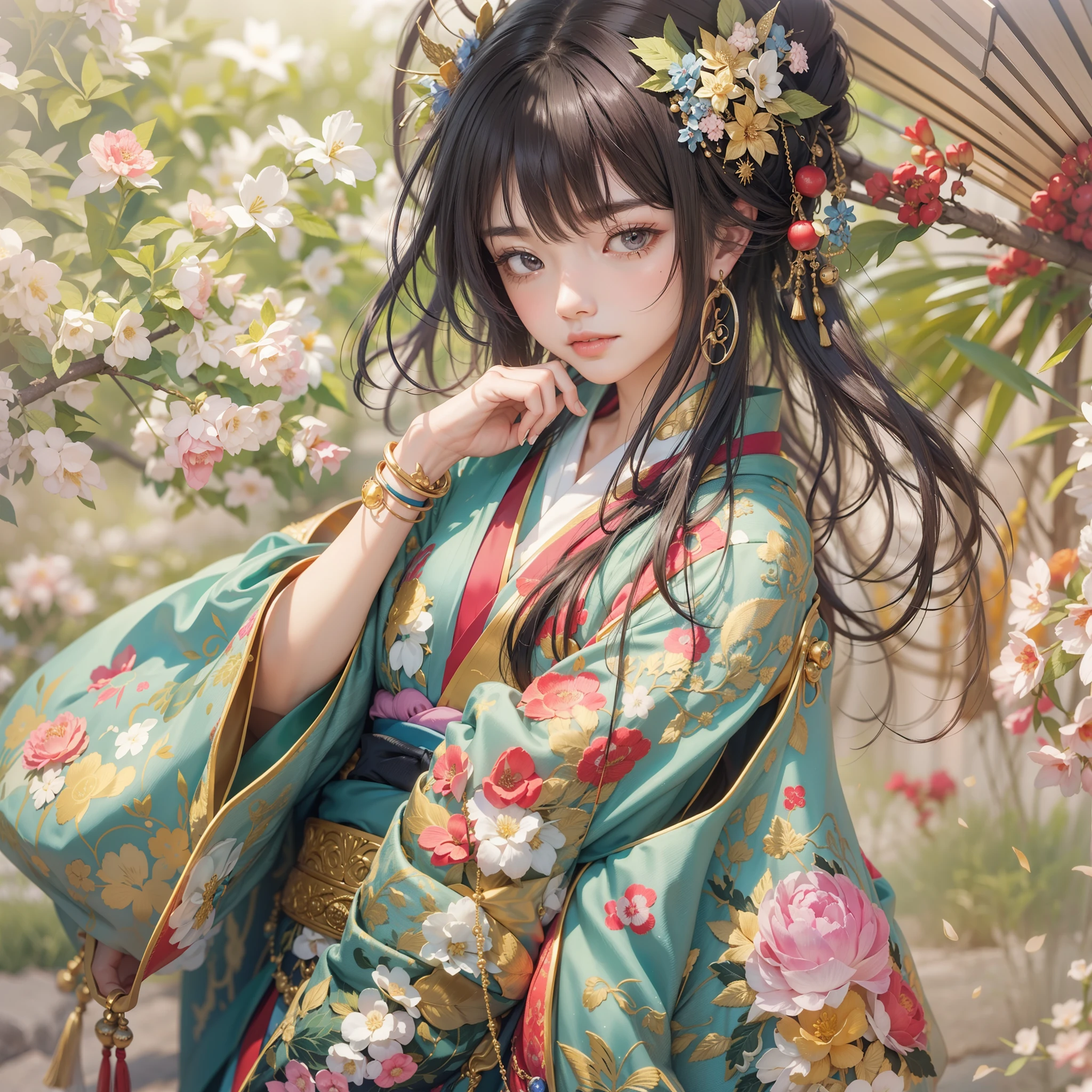 Detailed background(Bridge over a deep valley)、(Gorgeous and elegant backgrounds:1.2), BREAK,elaborate costume{Luxury kimono(Colorful kimono(Detailed golden embroidery,))}、(Japanese Idol(actress):1.2)(face perfect:1.2),Depict a beautiful and graceful woman of Japan。glossy dark hair,poneyTail,Heart in the eye。 Wallpapers 16K, .Blur the background with a sickle,((masutepiece)), ((Best Quality)),{{a portrait photo of}},full body Esbian