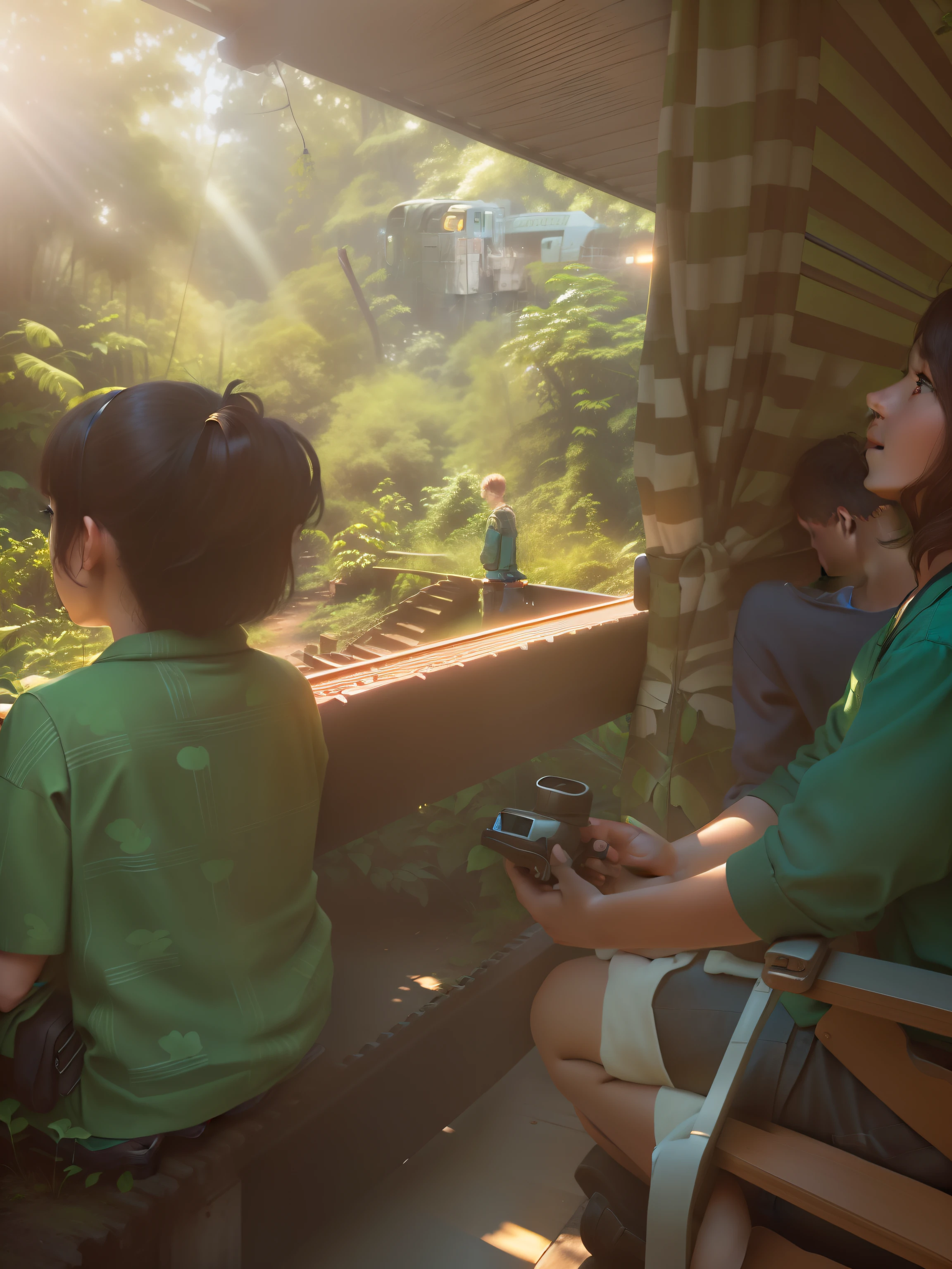 there are two people sitting on a bench in a small area, on a jungle forest train track, tiny person watching, people enjoying the show, trees, sunlight, realistic, hyper realistic, 8k