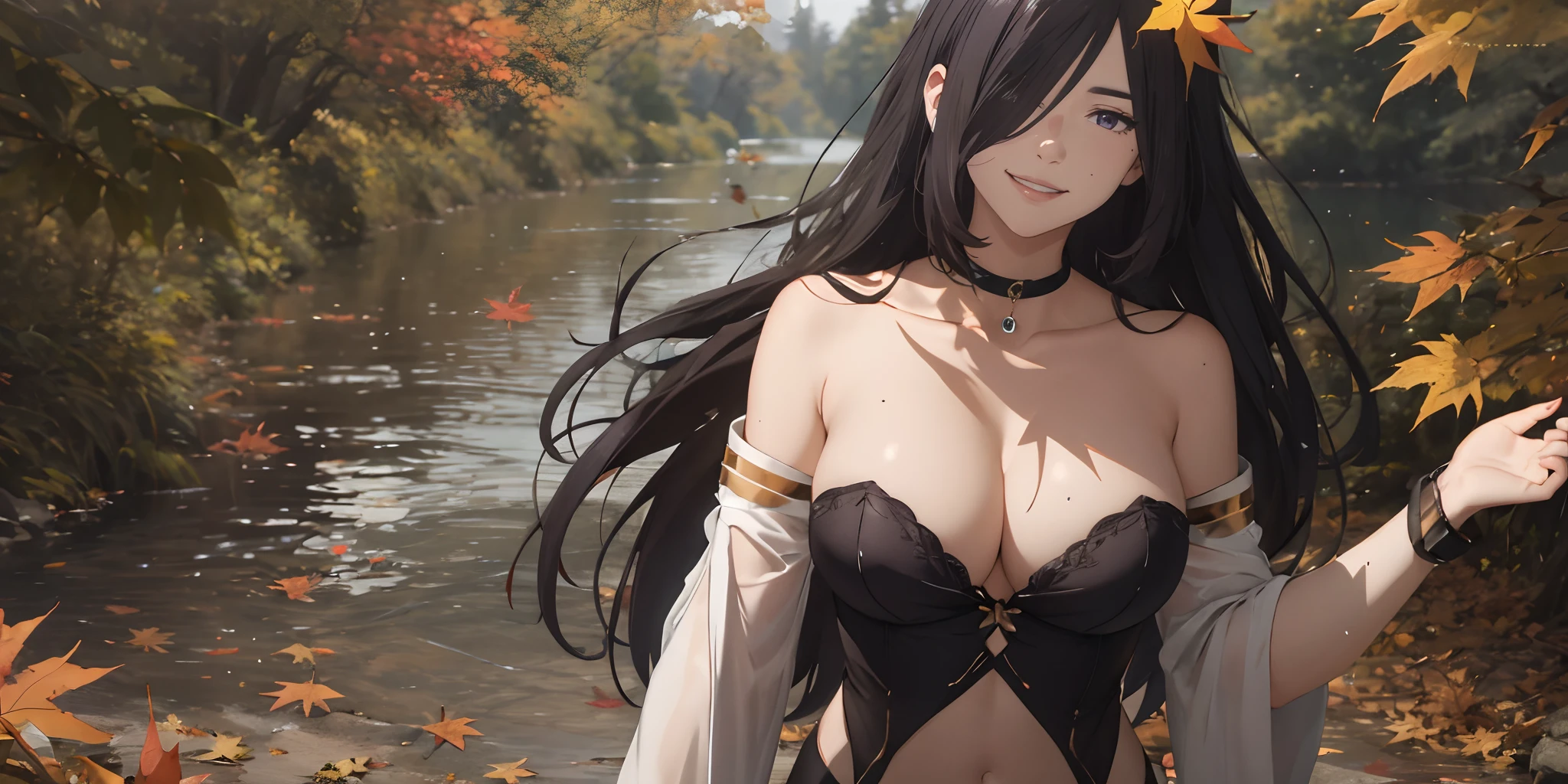 autumn_leaves, autumn, breasts, leaf, 1girl, maple_leaf, detached_sleeves, falling_leaves, bare_shoulders, cleavage, solo, black_hair, strapless, large_breasts, tree, outdoors, water, collarbone, wet, navel, fire, bangs,  hair_ornament, makeup, looking_at_viewer, lips, nature, smile, closed_mouth, forest, detached_collar, blush, choker, jewelry, mascara, long_sleeves, lake