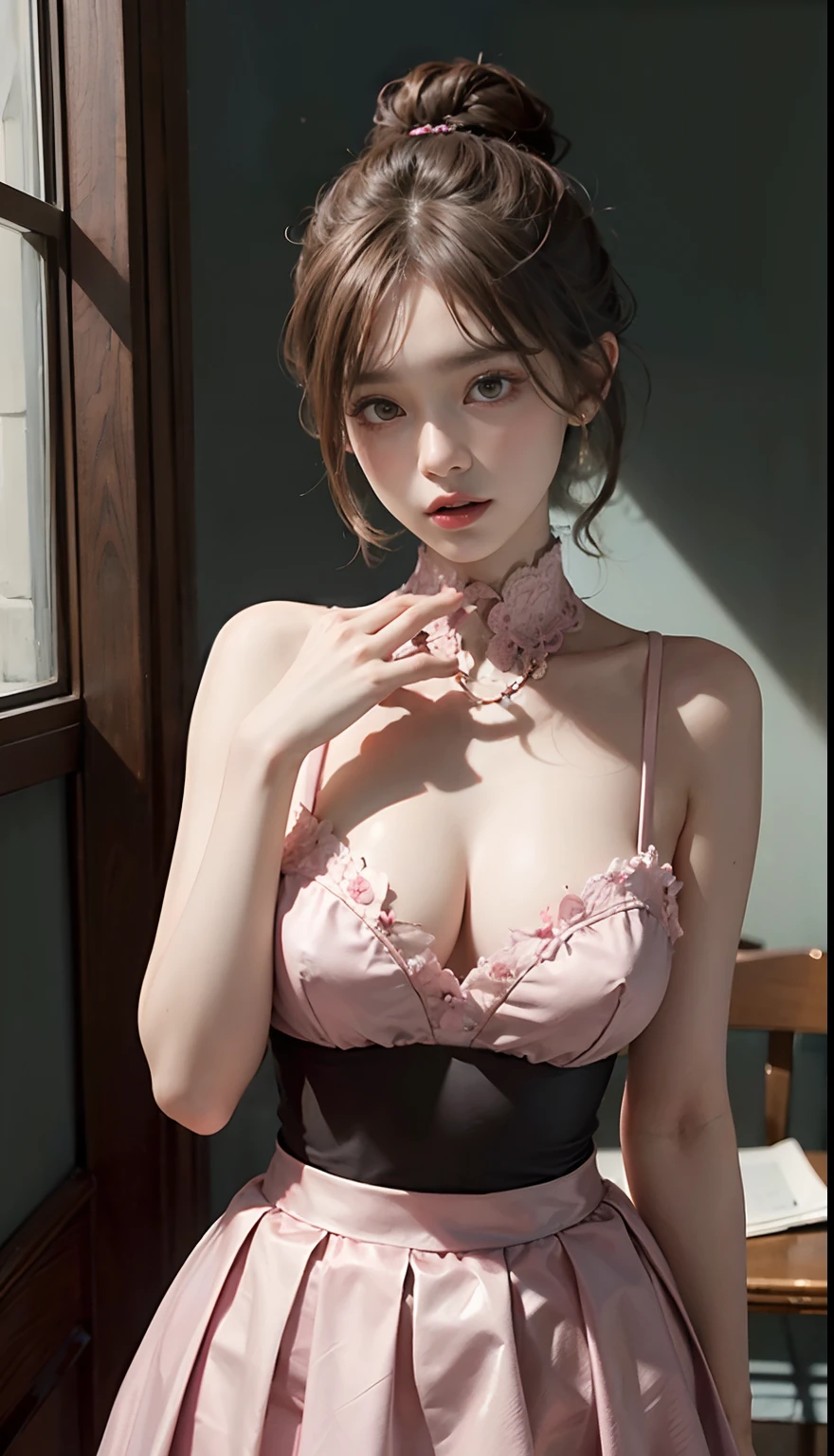 (Raw photography、top-quality)、(realisitic、Photorealsitic:1.3)、top-quality、masterpiece、extremely delicate and beautiful、A highly detailed、nffsw、A sense of unity、2k wallpaper、magnifica、Beautiful in every detail、masterpiece、浅笑、top-quality、Highly detailed ticker Unity 8K wallpapers、huge filesize、ultra-detailliert、hight resolution、ighly detailed、Female 1 Person、Slim body、D-cups、(Black Leotard Top:0.7)、(Pink skirt:1.2)、(Bun hair)、(brown haired)、 standing looking at viewert、Sharp Focus、fulll body detail 、NSFW、、、、pureerosface_v1:0.8 Short Hair、