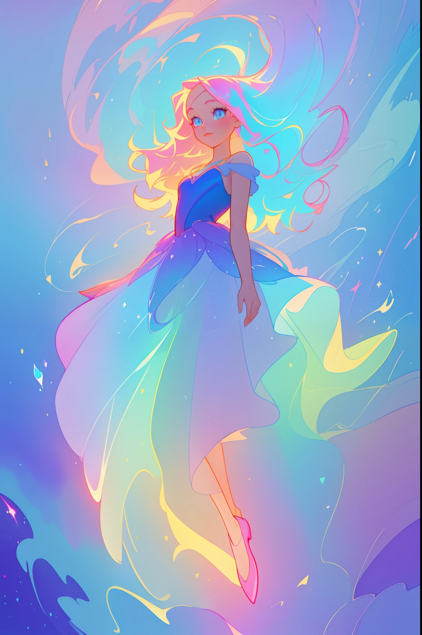 beautiful girl in colorful layered ballgown, vibrant pastel colors, (colorful), magical lights, sparkling lines of light, inspired by Glen Keane, inspired by Lois van Baarle, disney art style, by Lois van Baarle, glowing aura around her, by Glen Keane, jen bartel, glowing lights! digital painting, flowing glowing hair, glowing flowing hair, beautiful digital illustration, fantasia background, whimsical, magical, fantasy, beautiful face, ((masterpiece, best quality)), intricate details, highly detailed, sharp focus, 8k resolution, sparkling detailed eyes, liquid watercolor